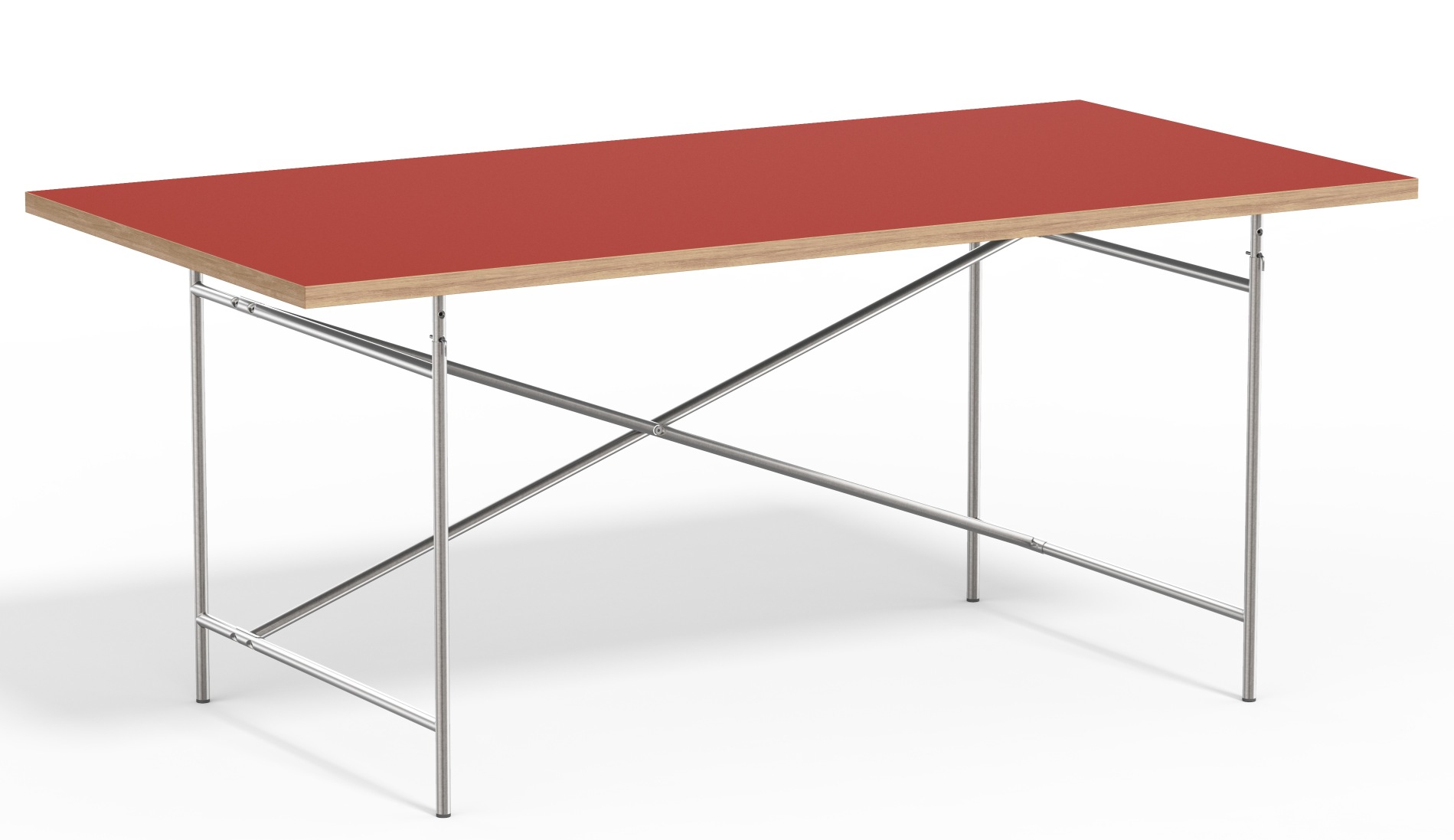 Eiermann Tisch mit roter Tischplatte und verchromtem Stahlgestell, Designklassiker von Richard Lampert.