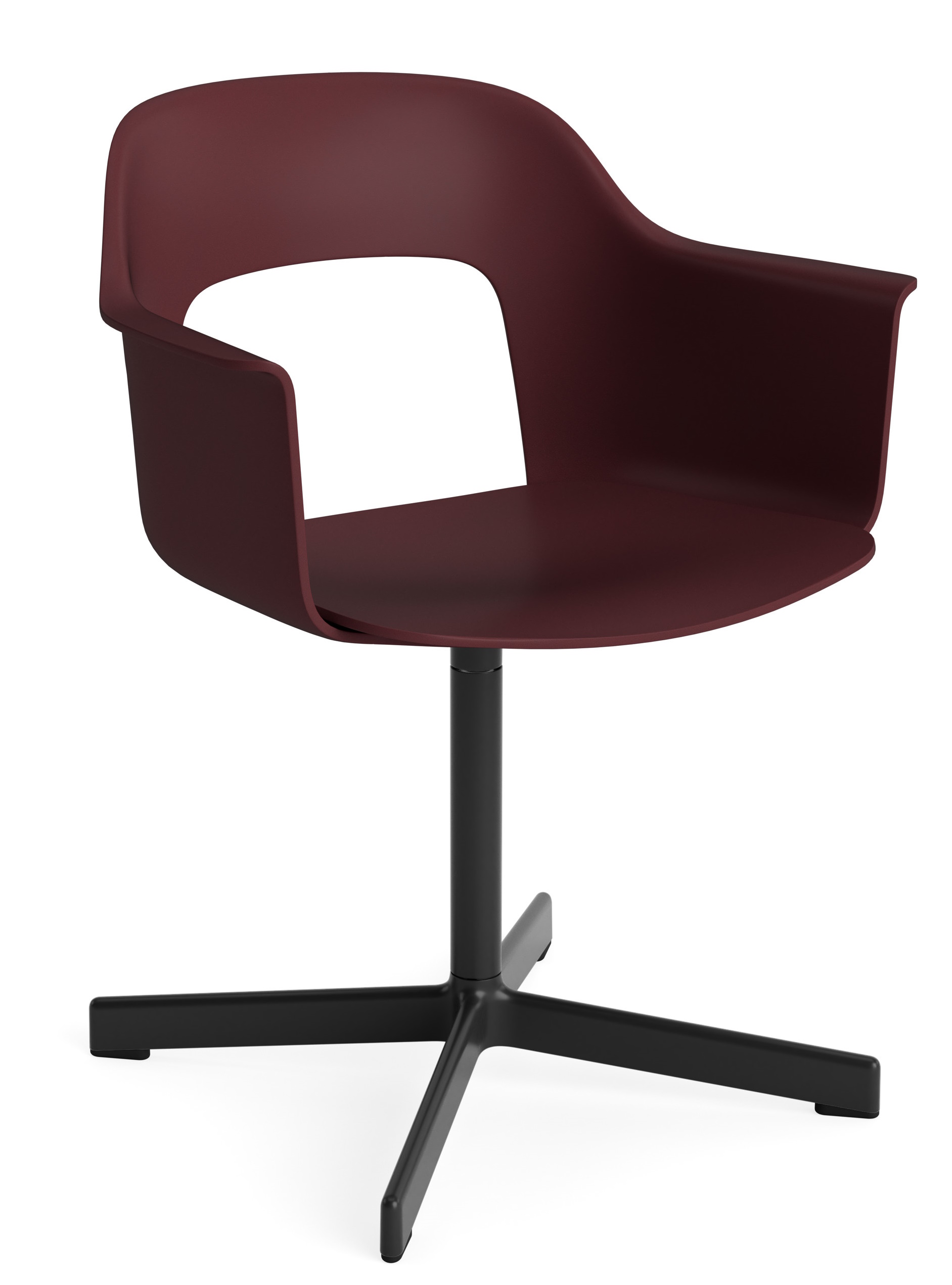 Nahaufnahme des Hay Layout Armchair 231 in Burgunderrot mit schwarzem Drehfuß, moderner Bürostuhl.