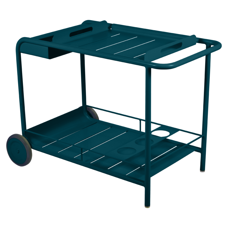Opalgrüner Fermob Servierwagen für den Outdoor-Bereich. Praktischer Gartenwagen mit zwei Ablageflächen und Rädern.