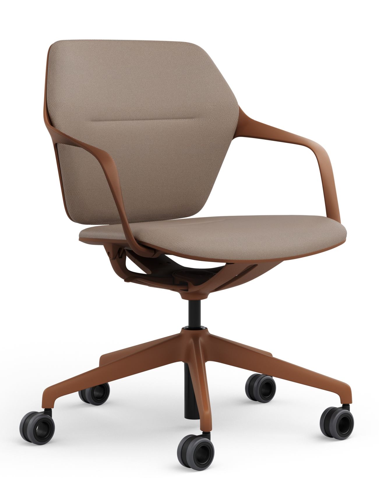 Ray Work Bürodrehstuhl von Brunner mit Armlehnen, braunem Gestell und Rollen vor weißem Hintergrund.