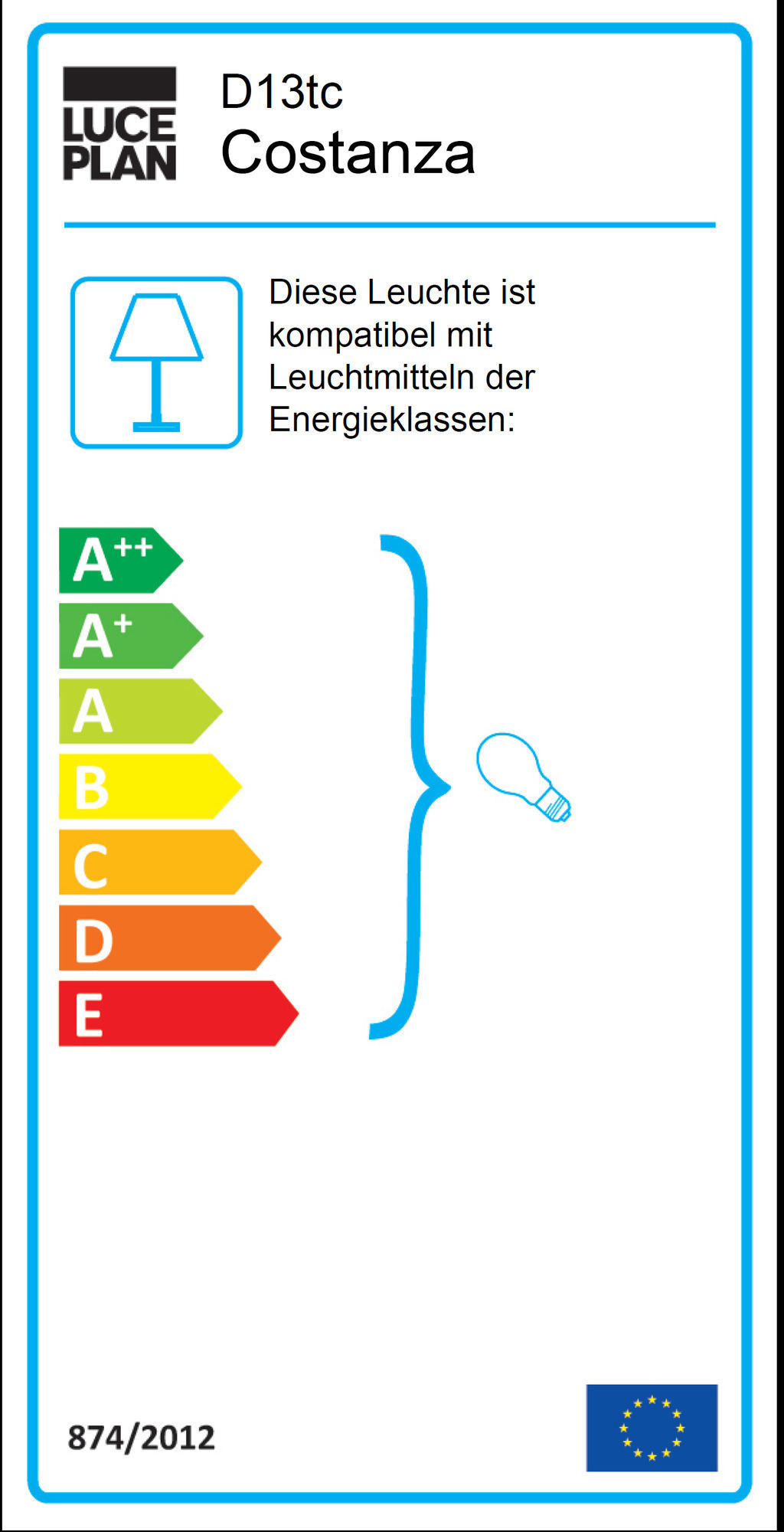 Energieeffizienzlabel für Luceplan Costanza Stehleuchte, kompatibel mit Leuchtmitteln der Energieklassen A++ bis E.