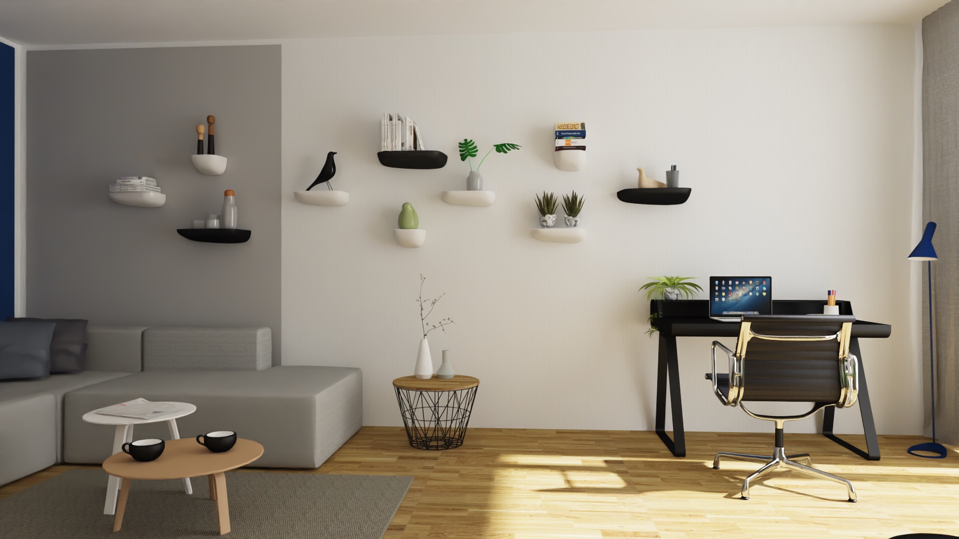 Modernes Wohnzimmer mit grauer Couch, Schreibtisch, Regalen und Deko-Elementen. Wohnaccessoires und Möbel für stilvolles Wohnen.