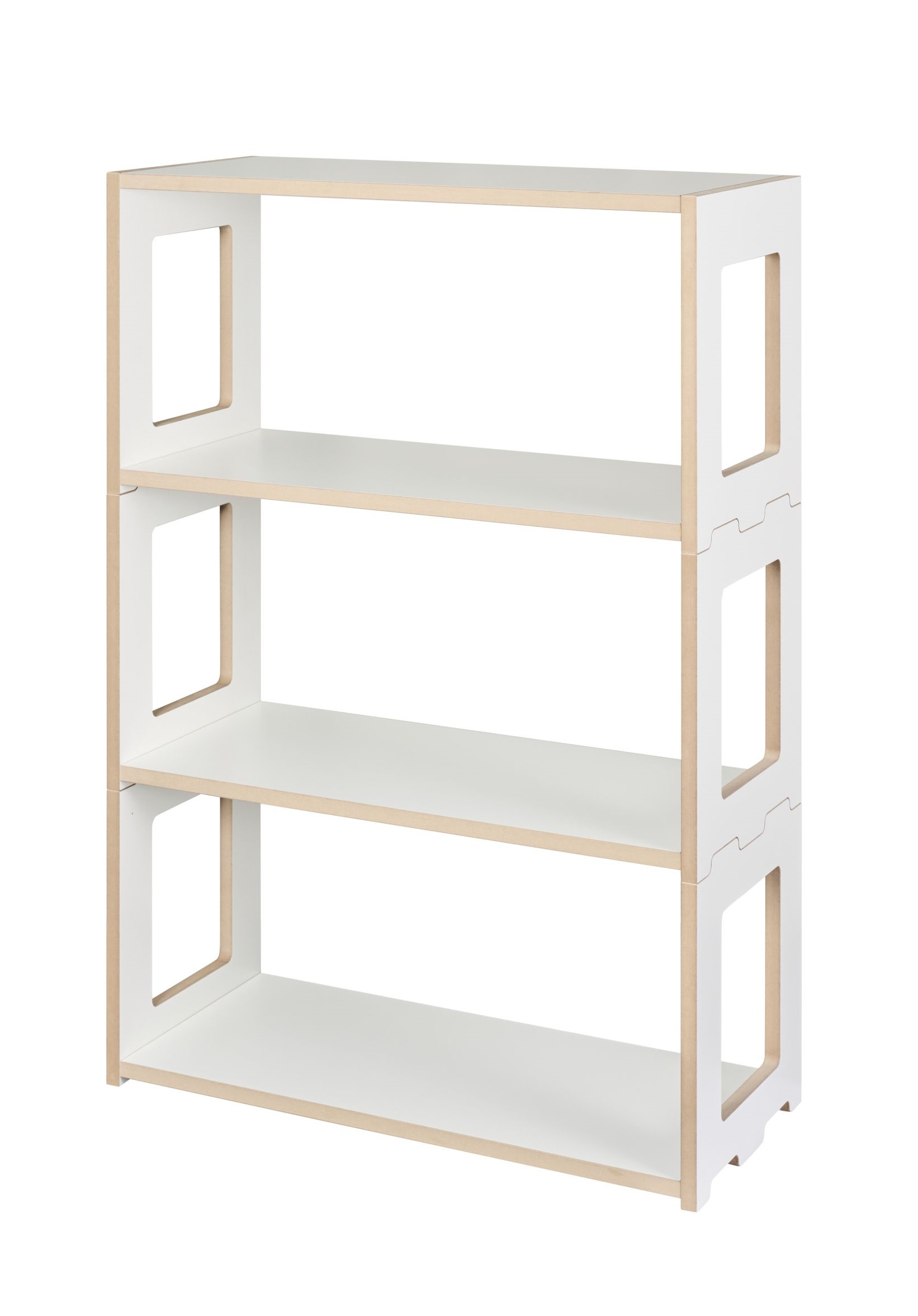 Tojo Hochstaplerregal: Dreistöckiges, weißes Regal aus Holz, ideal für Wohnzimmer und Kinderzimmer.
