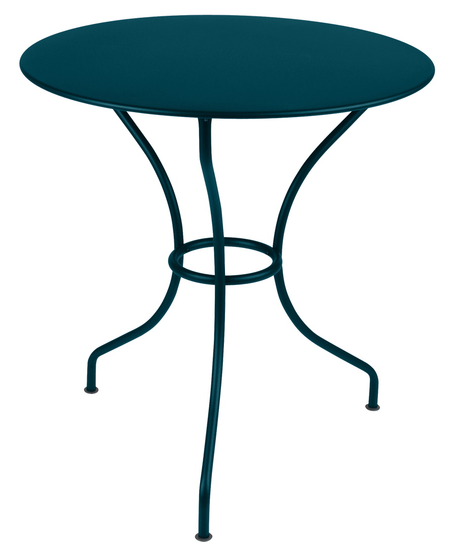 Blauer Opéra+ Tisch von Fermob, runder Gartentisch aus Metall für den Außenbereich.