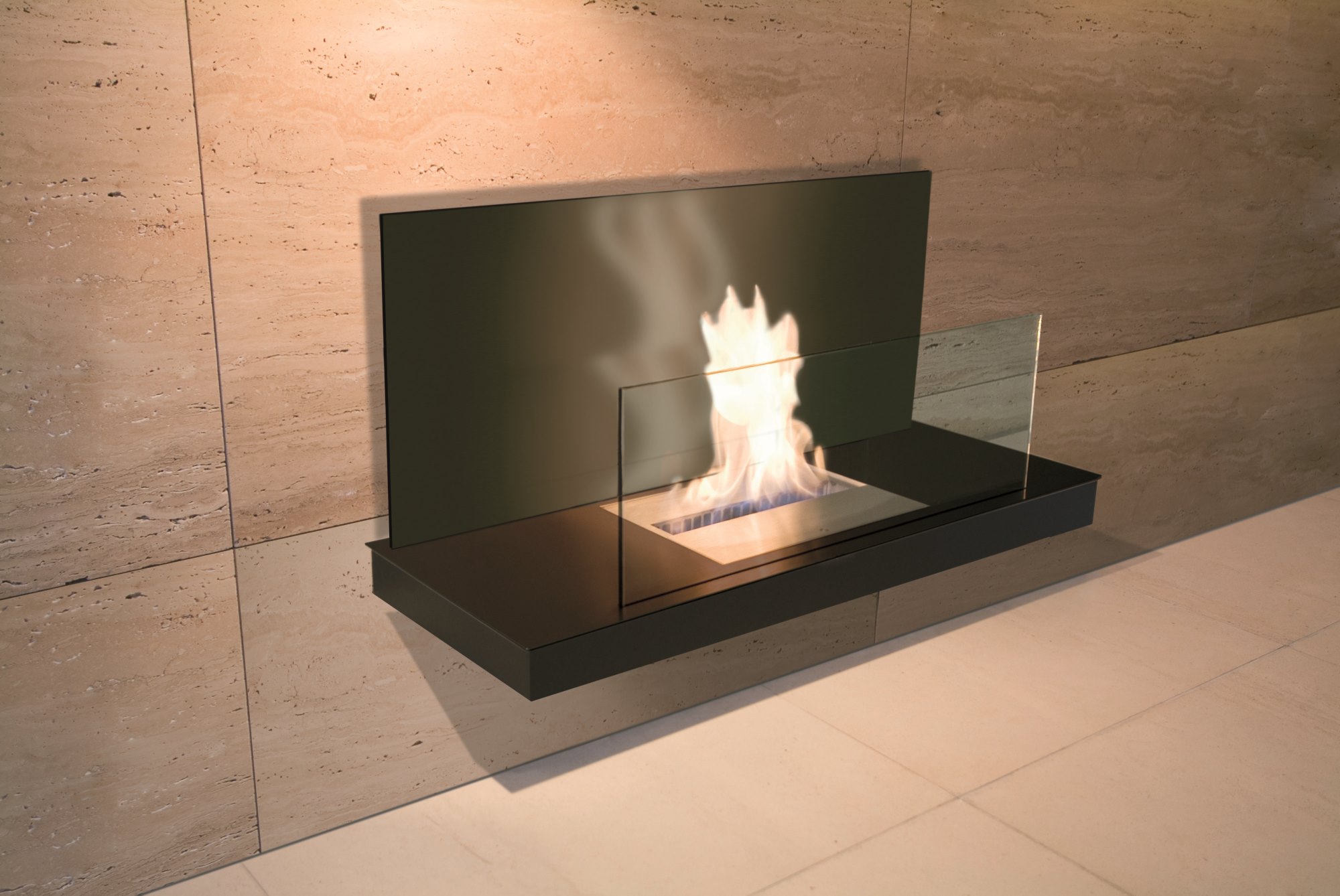 Wall Flame 2 Ethanol Kamin Radius an beiger Wand mit Flamme und Glasscheibe für stimmungsvolles Ambiente.