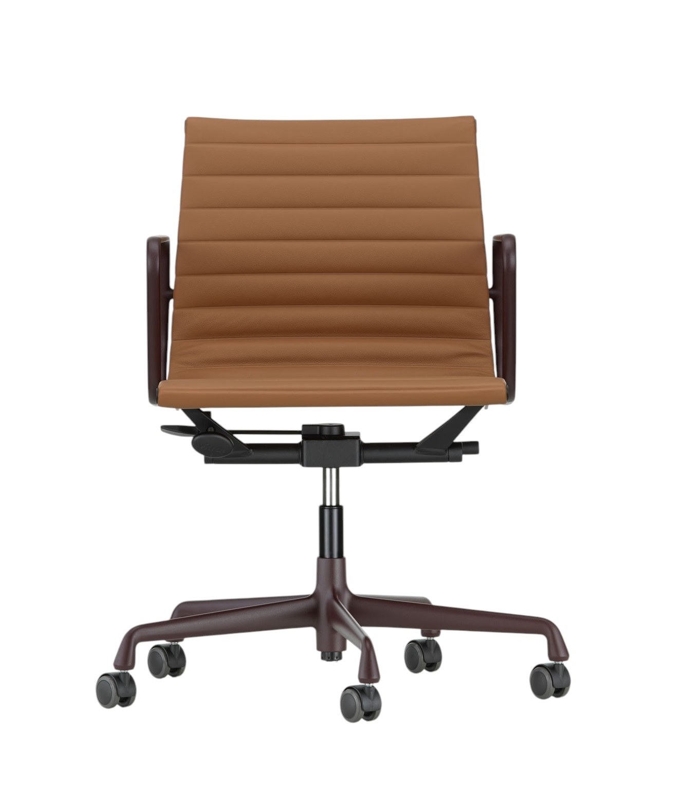 Vitra Aluminium Chair EA 118 in Cognac Leder, Bürostuhl mit Armlehnen und Rollen.