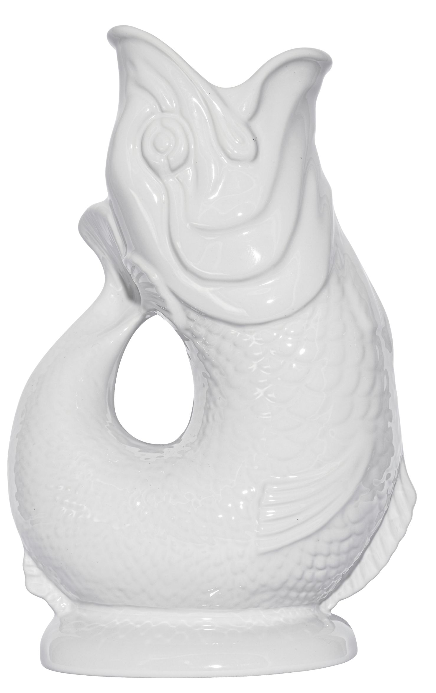 Weiße Gluckigluck Karaffe in Fischform, XL Größe. Keramikvase für Wasser, Saft oder als Deko.