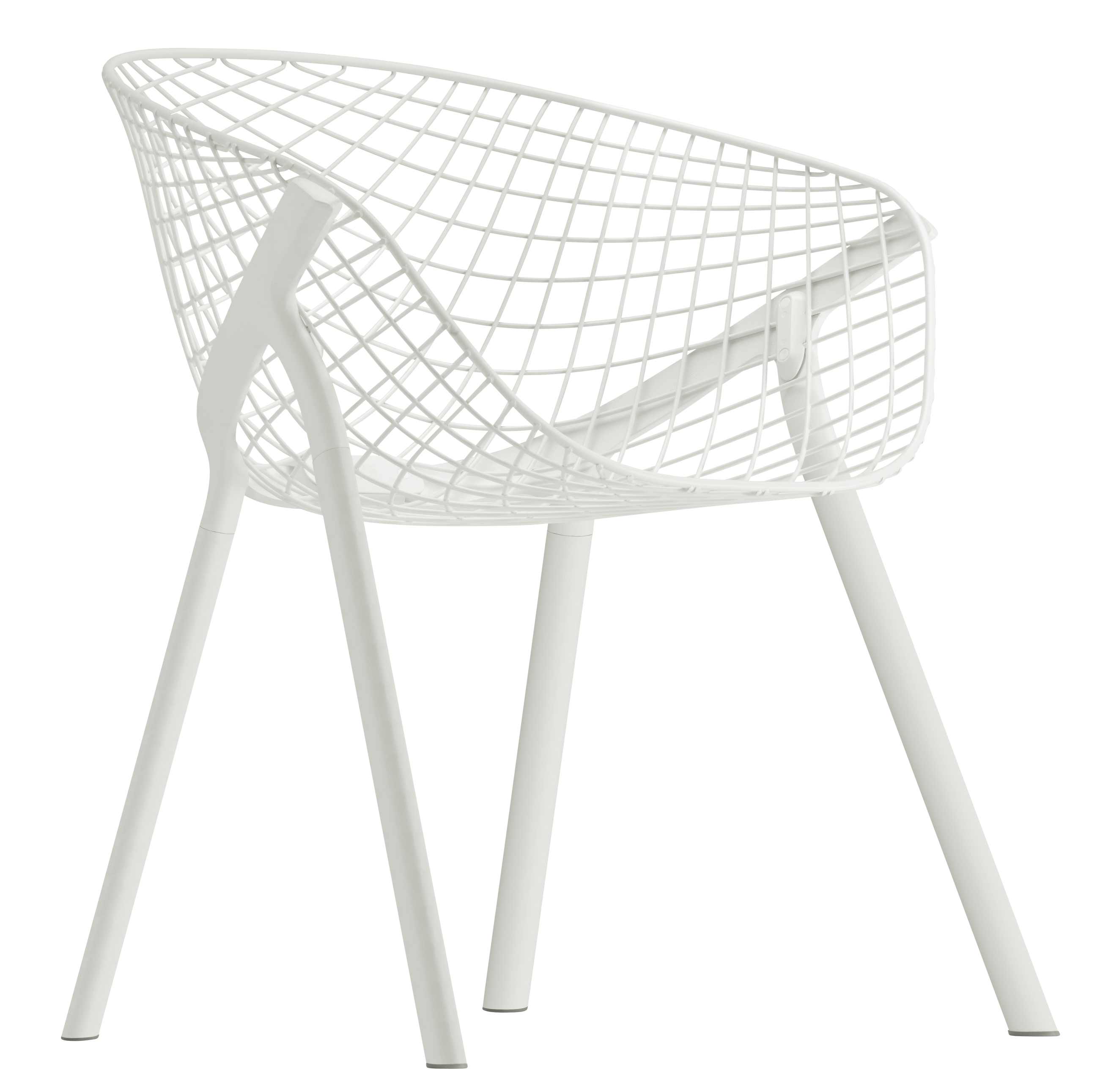Weißer Kobi Chair Stuhl mit Drahtgeflecht-Sitzschale und vier Beinen, modernes Design für Wohnen und Büro.