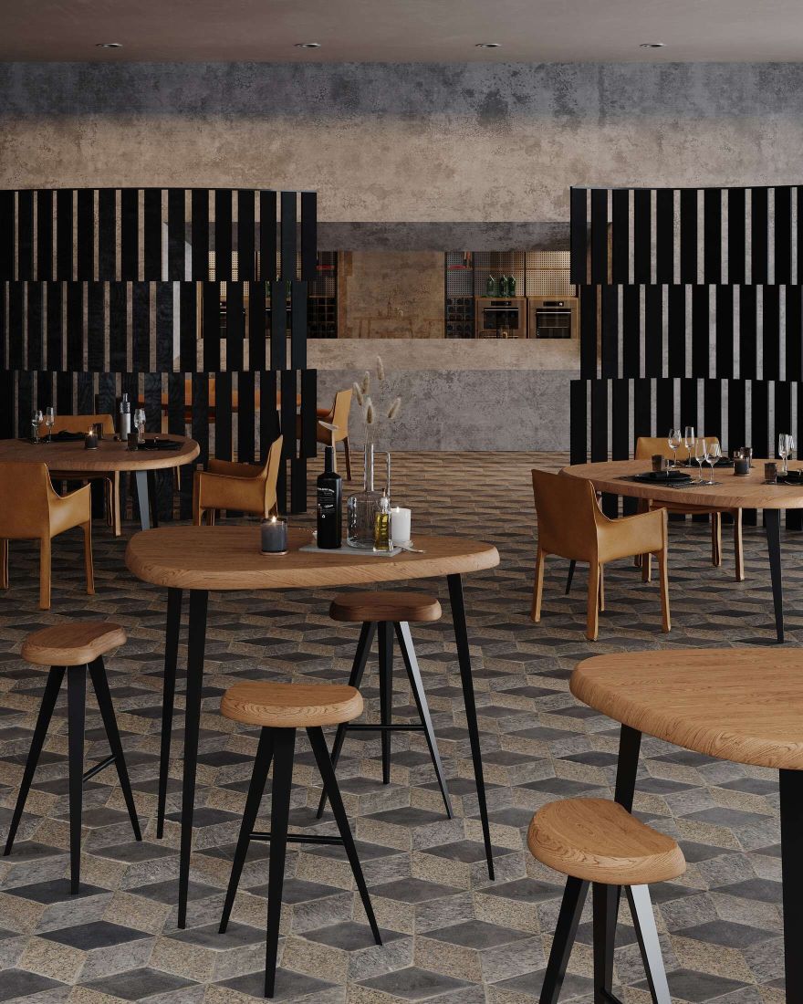 Moderner Cassina Couchtisch/Esstisch 527 Mexique aus Holz mit passenden Barhockern in einem Restaurant.