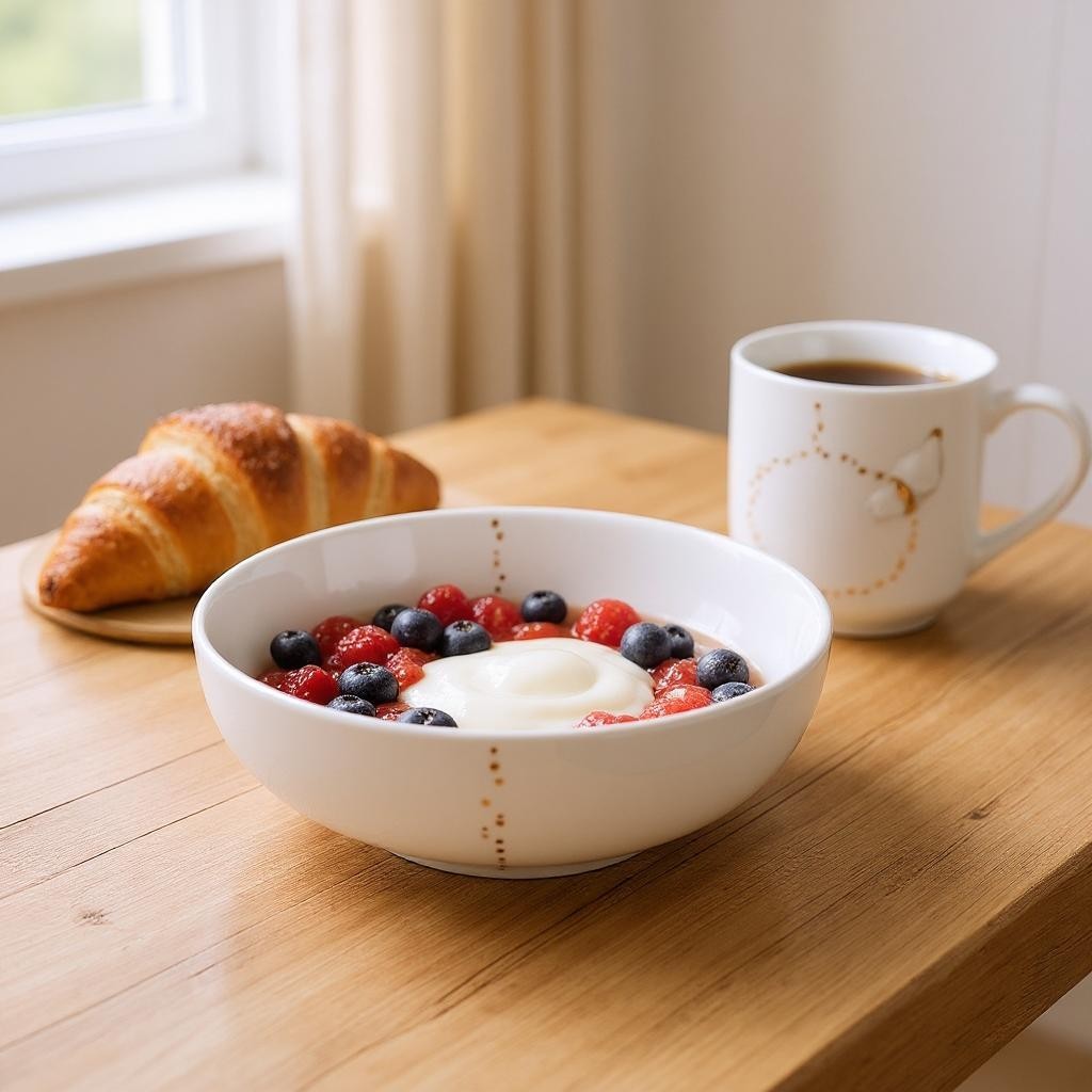 Weiße Räder Schale mit Joghurt, Himbeeren und Blaubeeren, daneben Croissant und Tasse Kaffee.