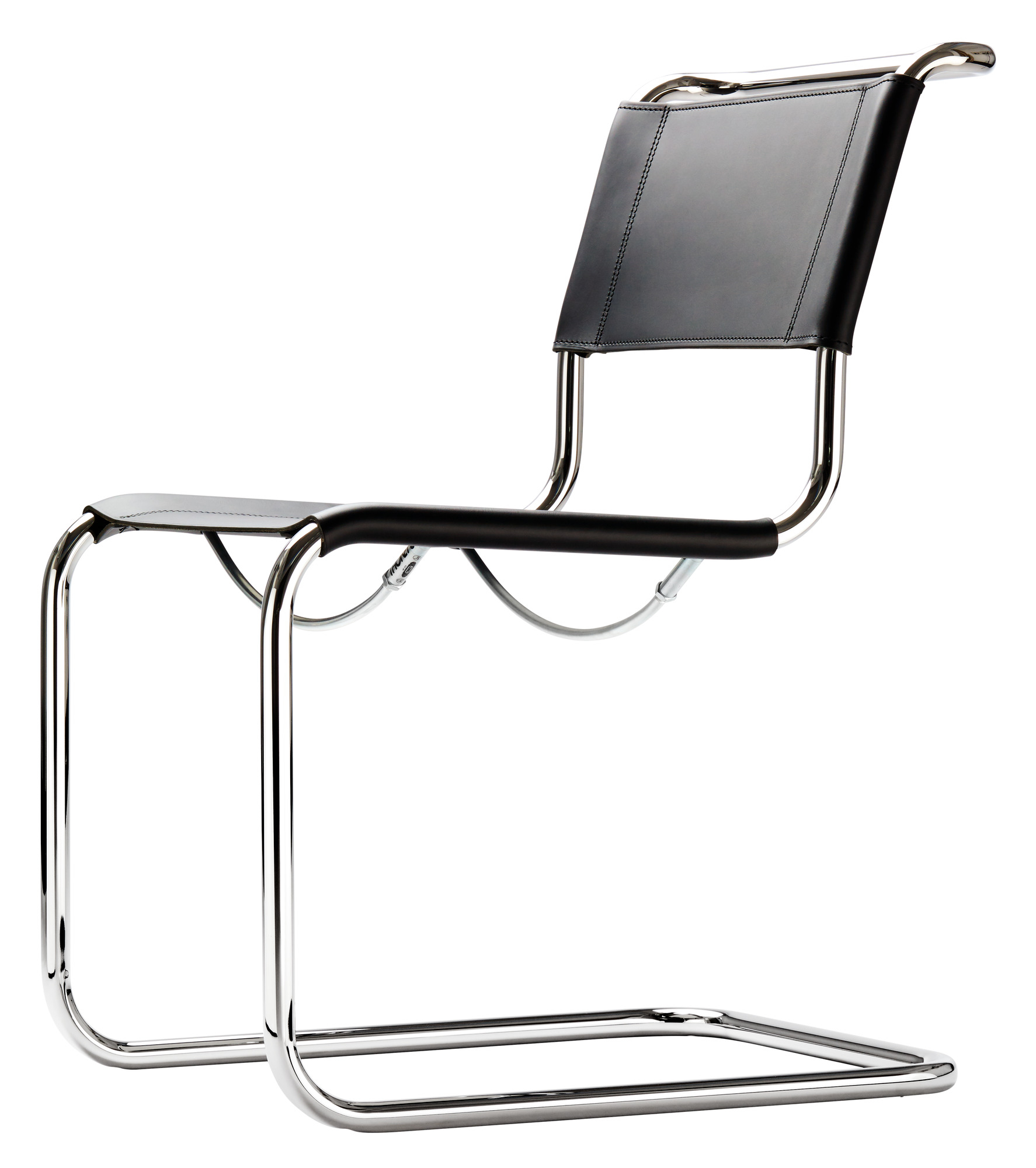 S 33 Freischwinger Thonet Stuhl mit schwarzem Leder und verchromtem Stahlrohr Gestell.