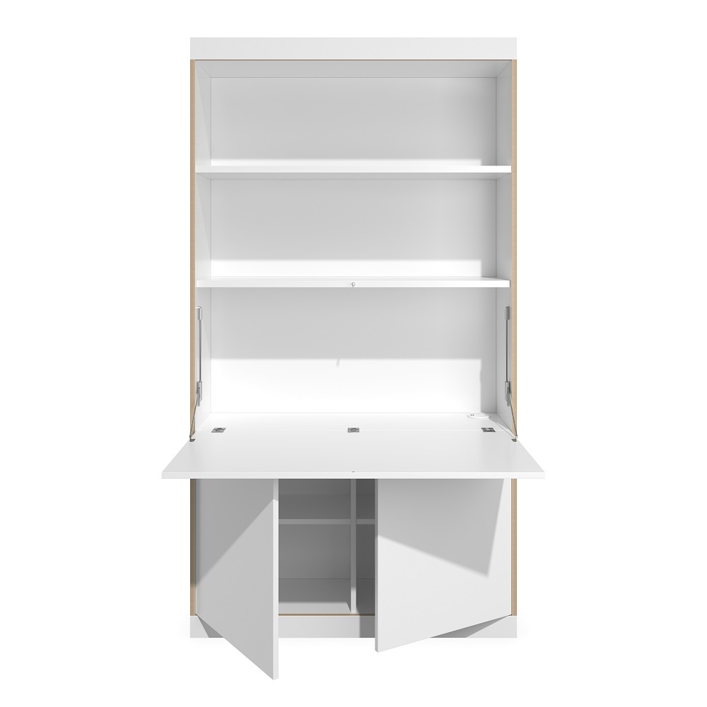 FLAI Home-Office Sekretär von Müller Möbelwerkstätten, weiß, mit geöffneter Schreibfläche und Regalfächern.
