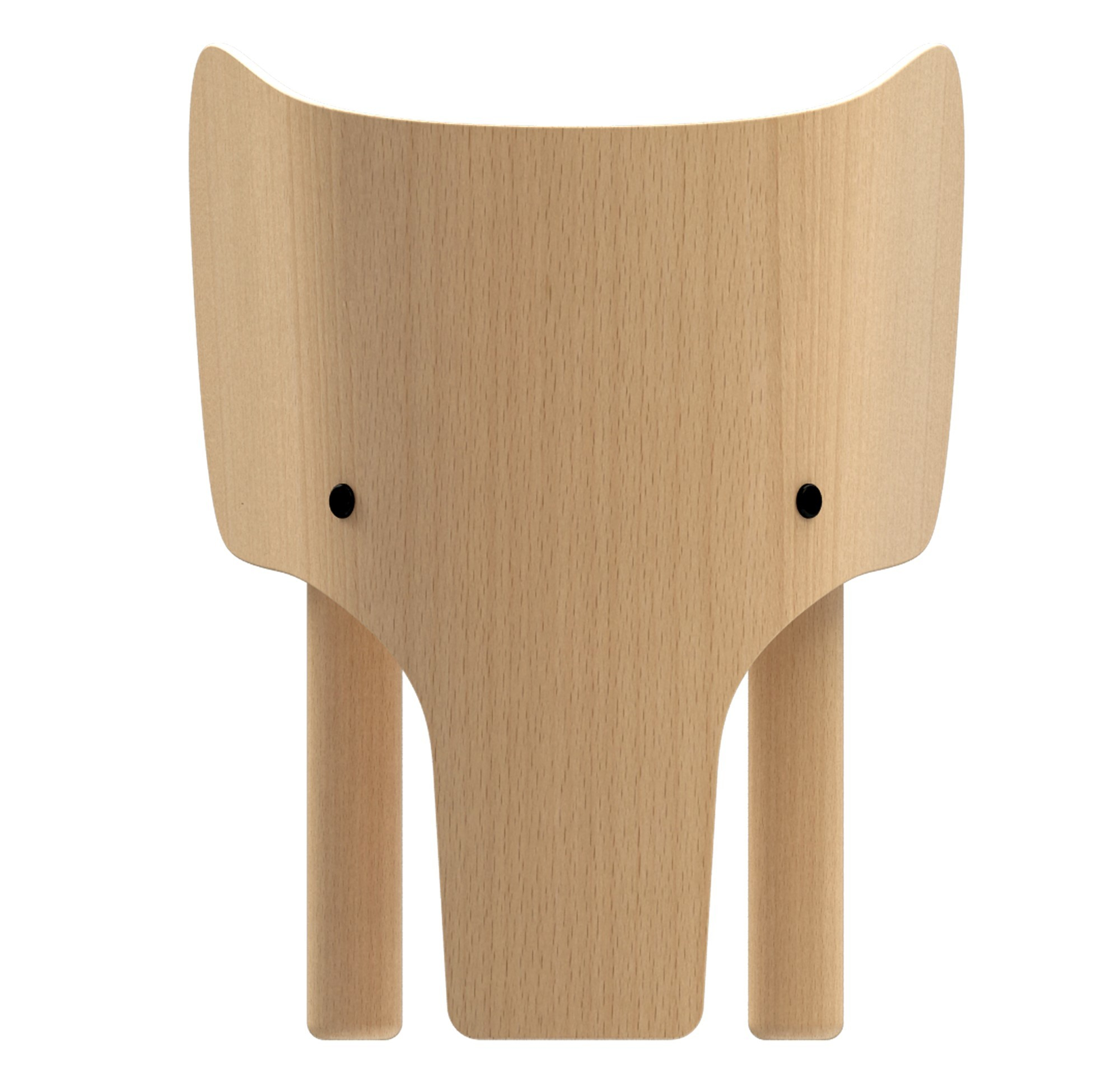 Frontansicht des EO Elephant Chair Kinderstuhl aus hellem Holz mit Elefanten-Design.