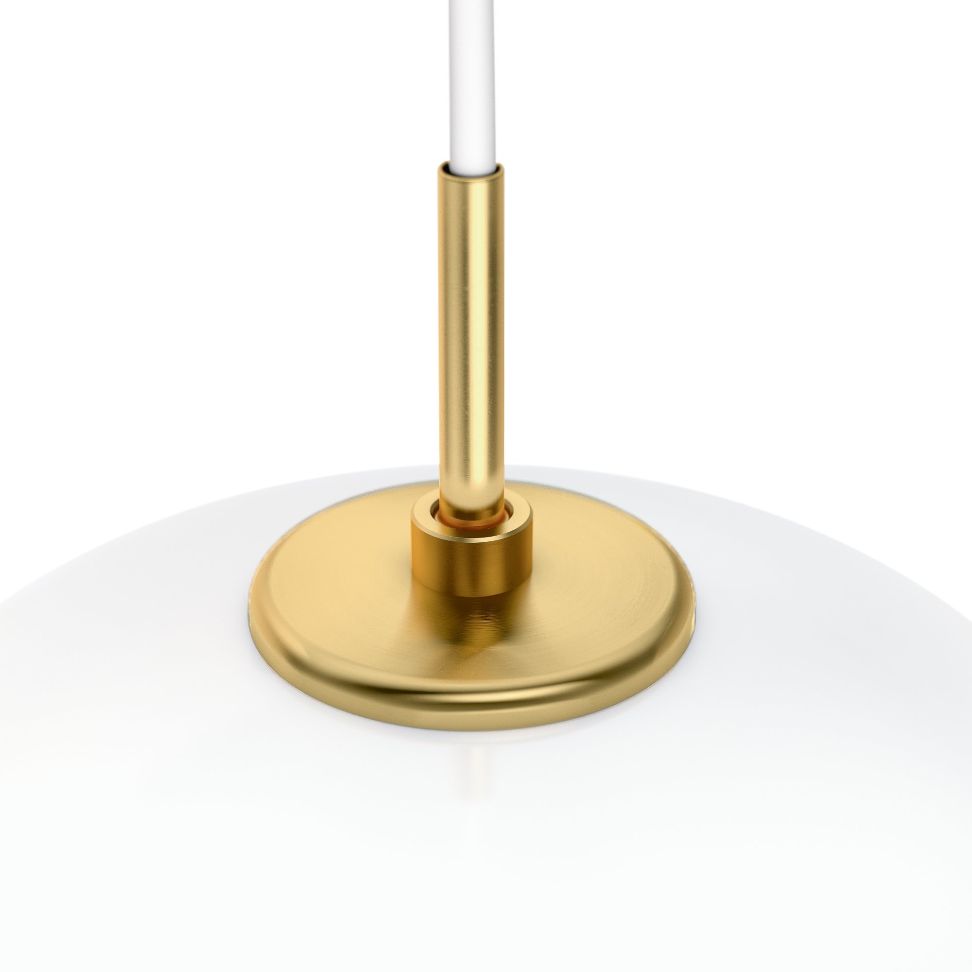 Detailaufnahme der VL45 Radiohus Pendelleuchte von Louis Poulsen, weiße Lampe mit goldenen Elementen.