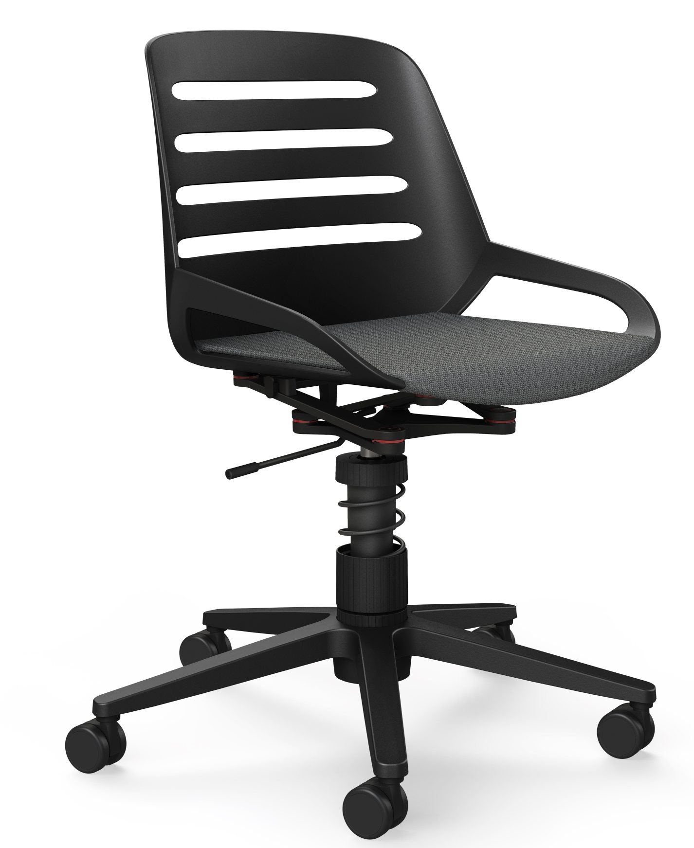 Numo Task Drehstuhl von Aeris in Schwarz mit Rollen und Federbein für ergonomisches Sitzen.