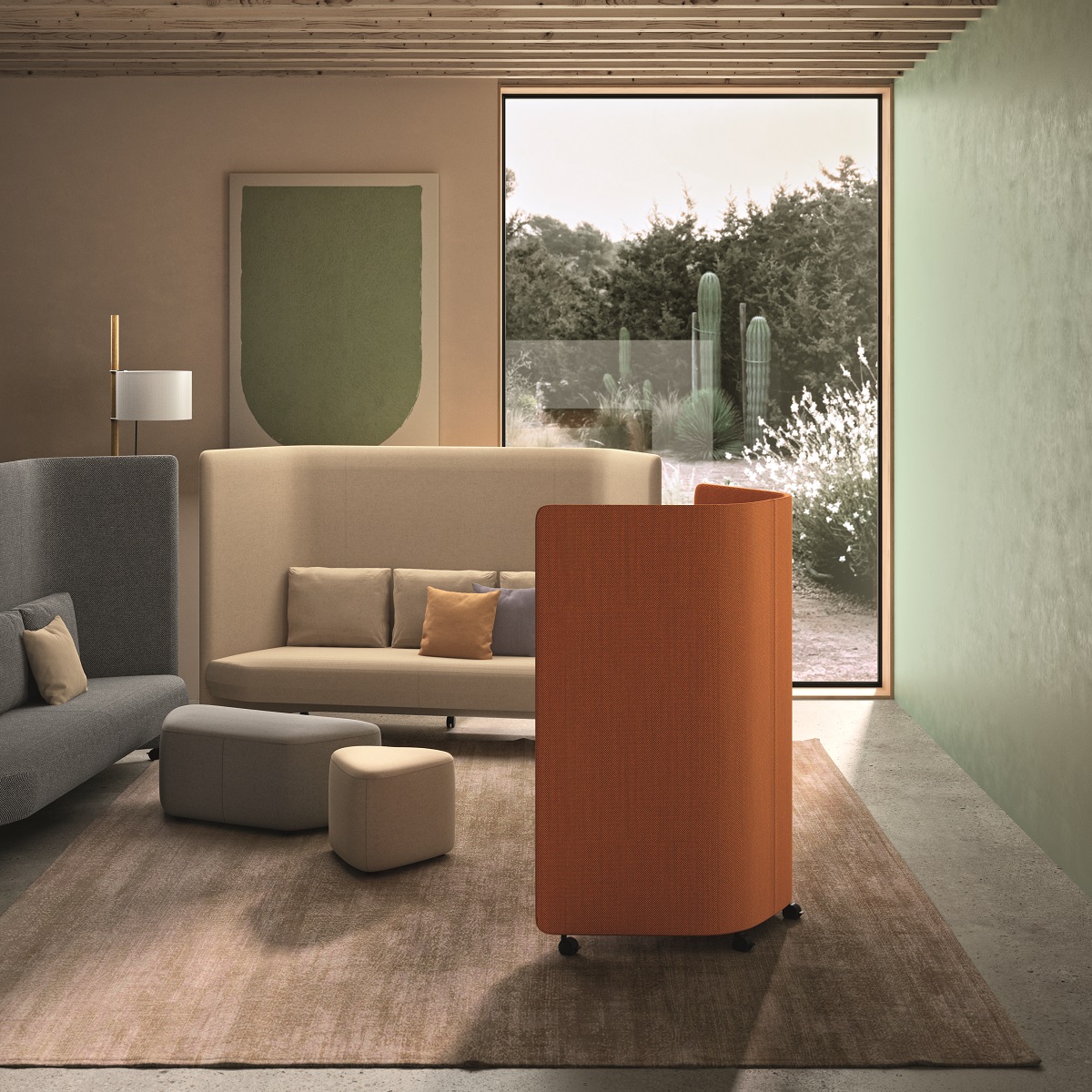 In Out Office SF2252 Sofa 2-Sitzer mit Panel von Andreu World in modernem Büro-Lounge-Bereich.