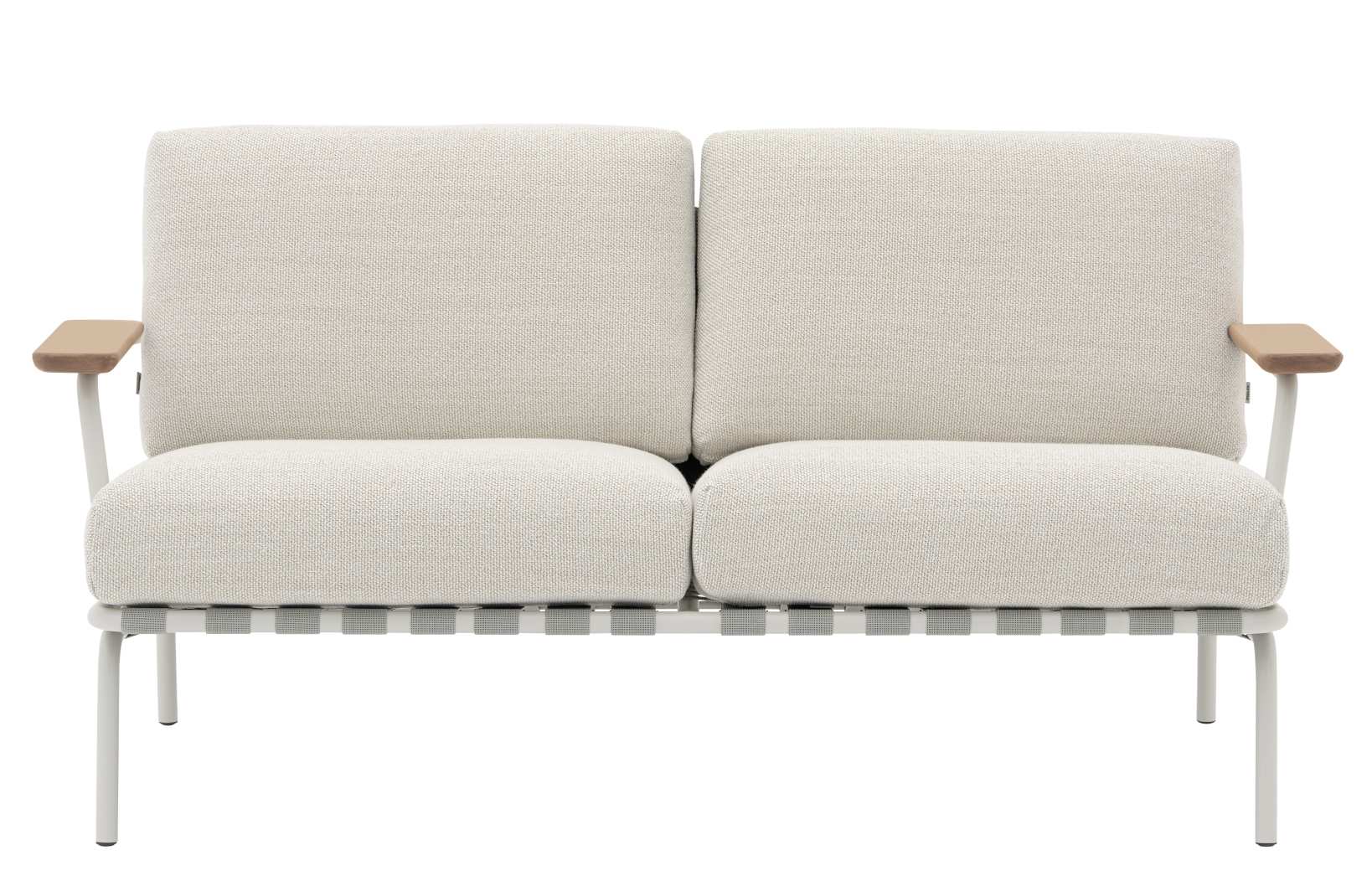 Muuto Settle Outdoor Sofa 2-Sitzer, modernes Gartensofa mit hellgrauem Stoffbezug und Holzarmlehnen.