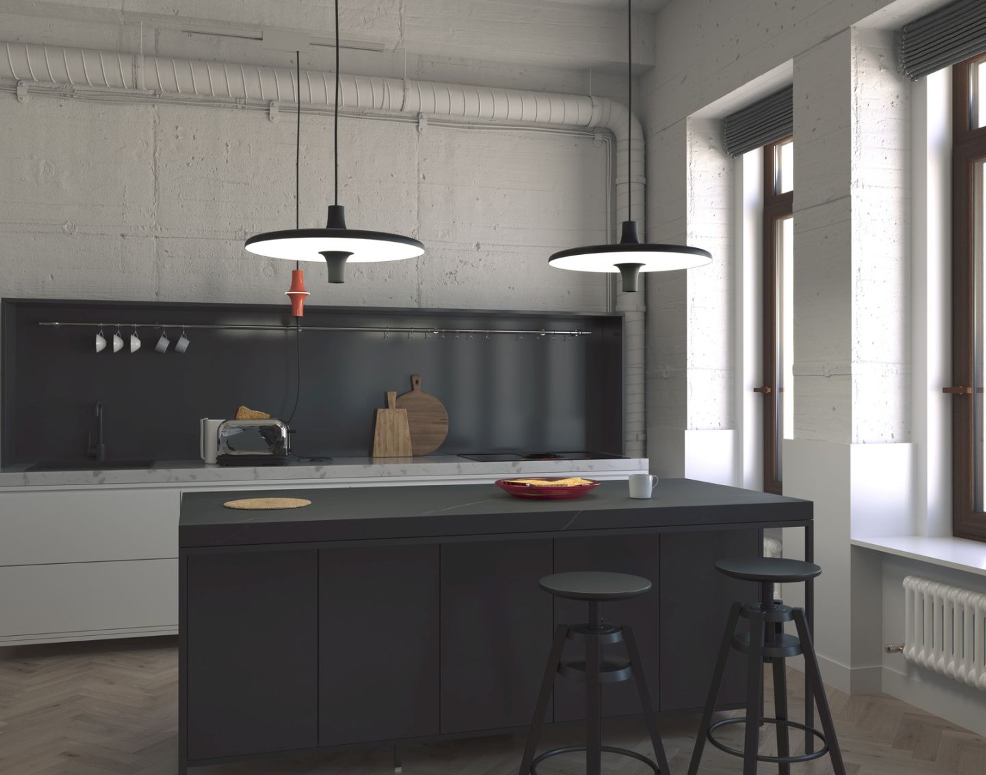 Moderne Küche mit zwei Avro Hängeleuchten von Martinelli Luce über einer Kochinsel mit Barhockern.