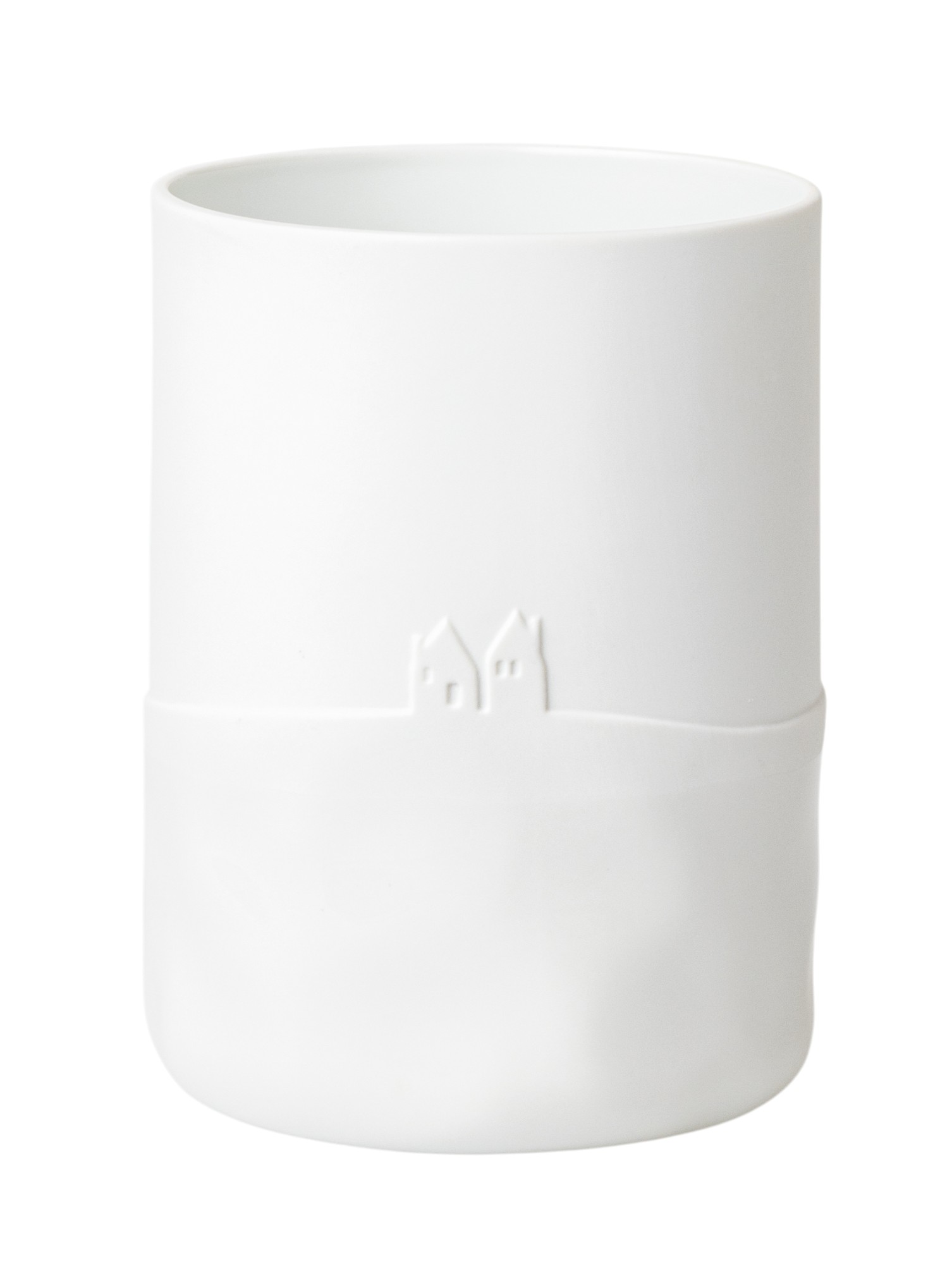 Weiße Schneetag Vase von Räder mit Häusern im Winterdesign für Blumen und Dekoration.
