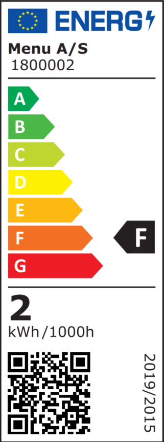 Energieeffizienzlabel der Carrie LED Akkuleuchte von Audo, Energieklasse F, geringer Stromverbrauch.