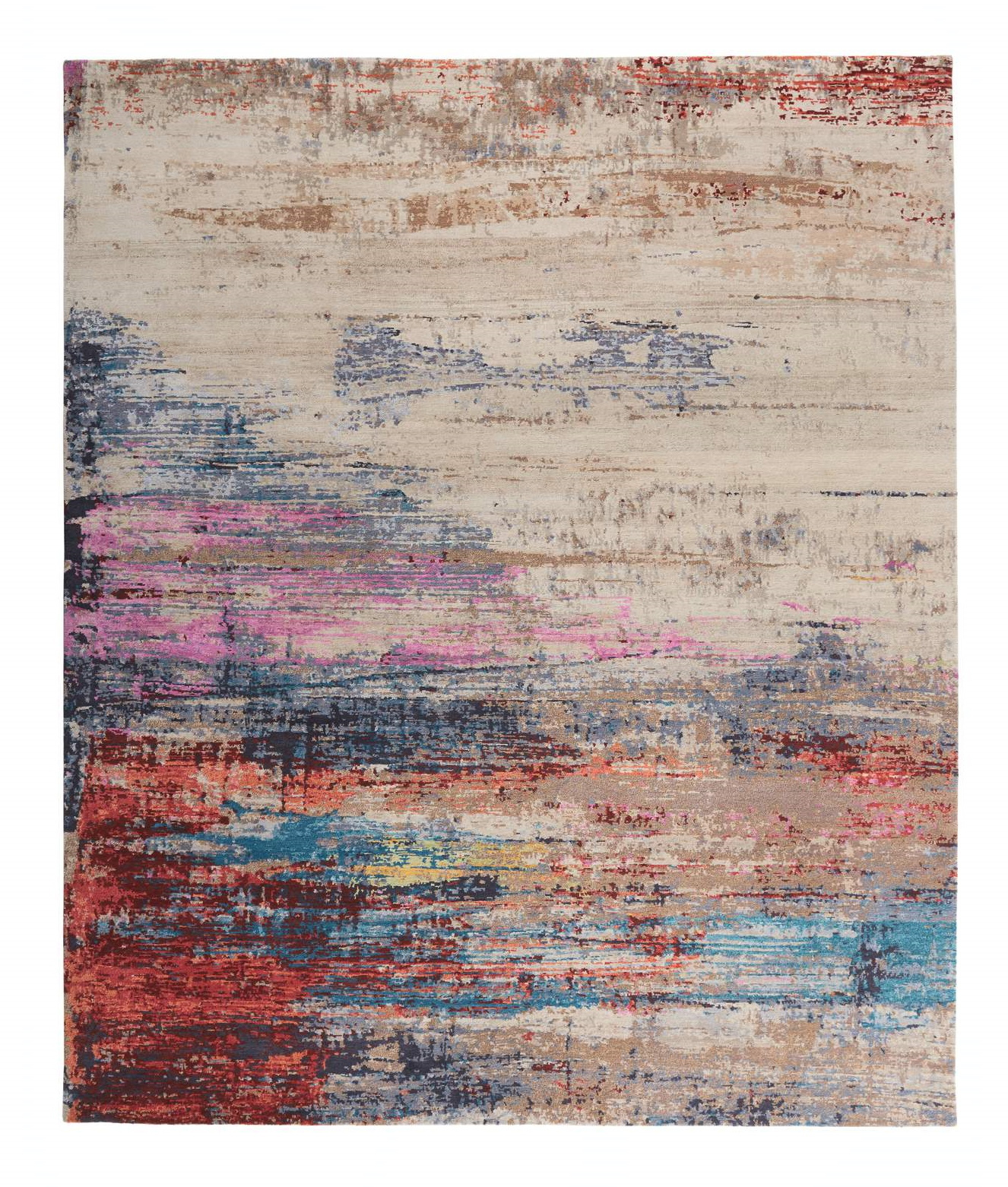 Legends of Carpets Teppich: Moderner Designer Teppich mit abstraktem Muster in Beige, Rot, Blau und Pink.