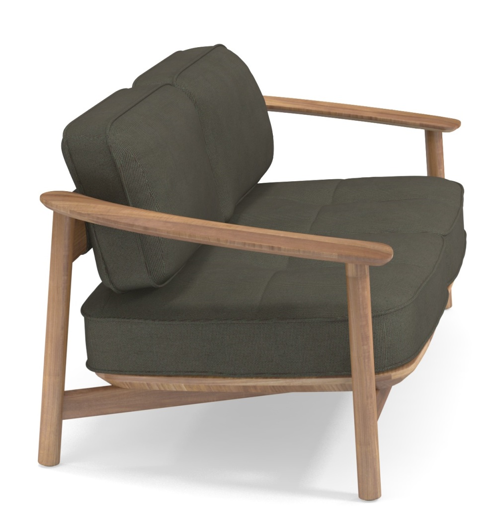 Emu Twins Sofa für den Außenbereich, modernes Design mit Holzrahmen und olivgrünen Polstern.