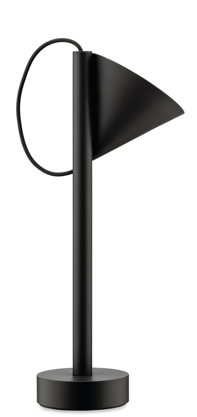 Schwarze Tsumiki Akku Leuchte von Alessi, modernes Design mit kegelförmigem Lampenschirm und Textilkabel.