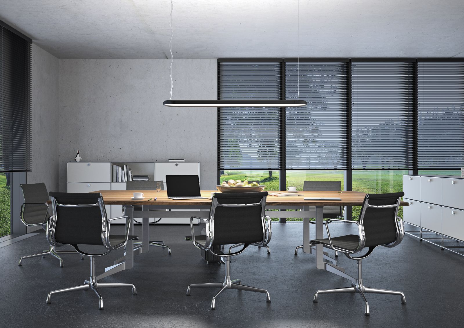 Büro mit Belux Kido Pendelleuchte in Weiß über einem Konferenztisch, moderne Bürobeleuchtung.