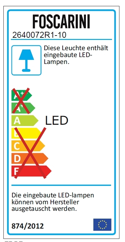 Energielabel der Foscarini Spokes 2 LED Pendelleuchte mit Energieeffizienzklasse A und Hinweisen zu LED-Lampen.