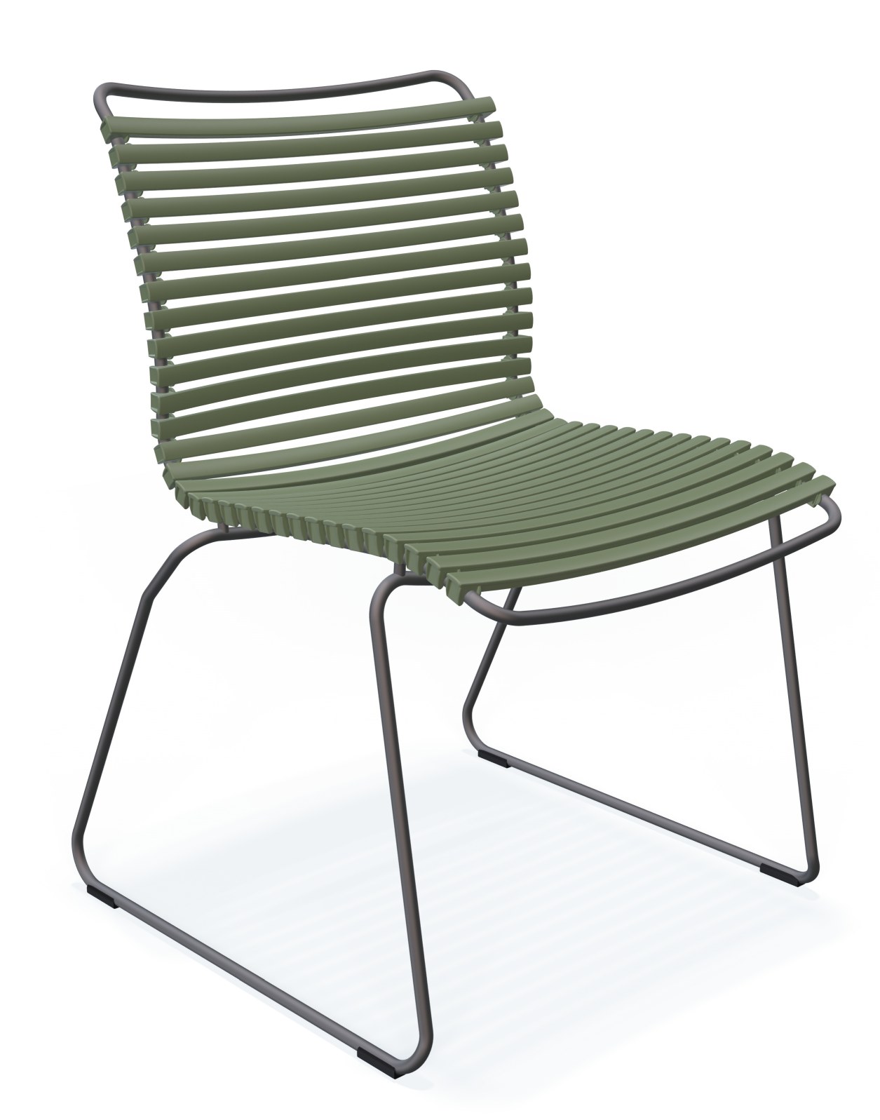 Houe Click Dining Stuhl ohne Armlehne, olivgrün, moderner Gartenstuhl mit Kufengestell für den Außenbereich.