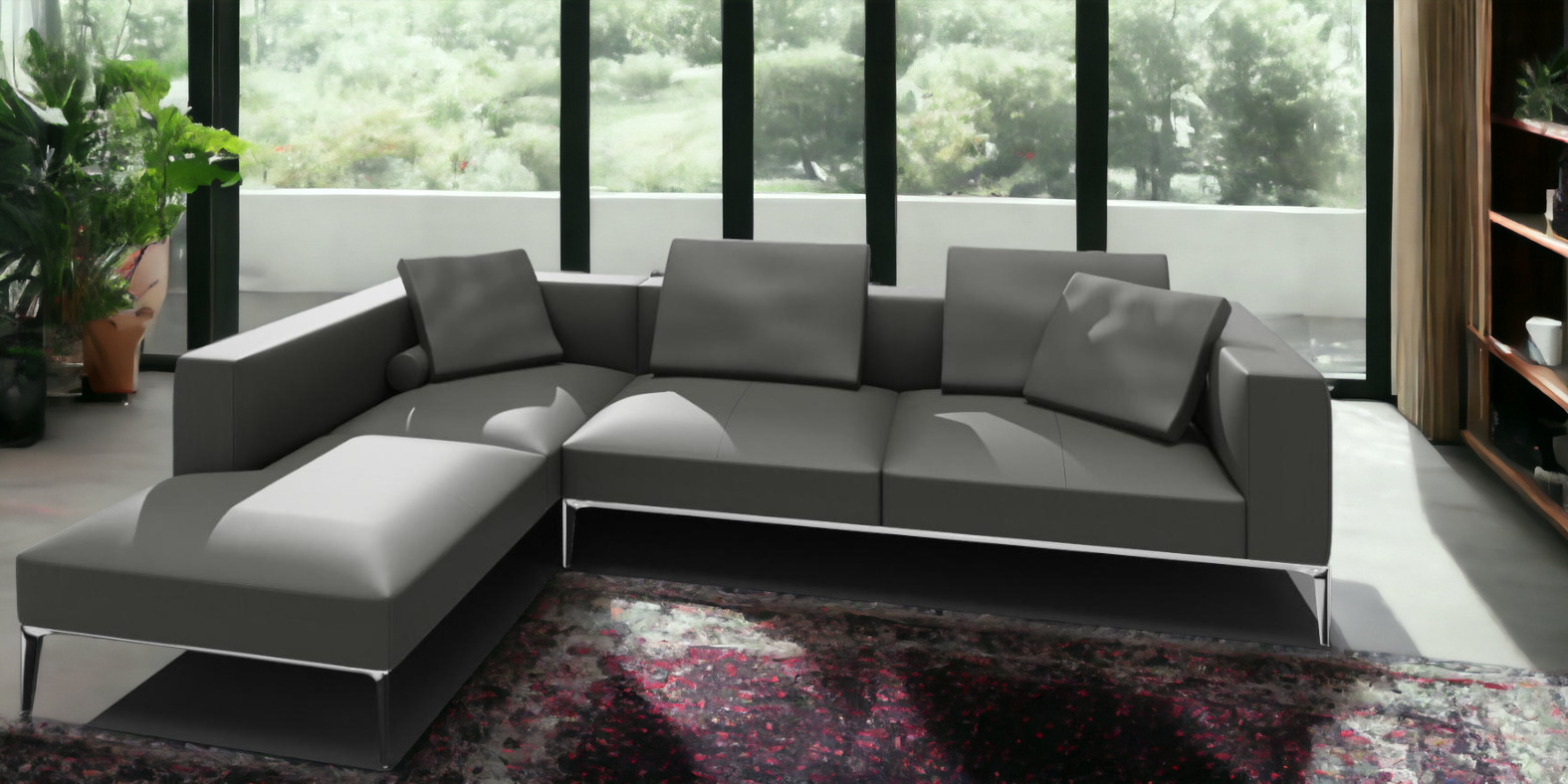 Jaan Living Sofa: Modernes 3-Sitzer Ledersofa in Taupe mit Kissen und Komfortrollen.