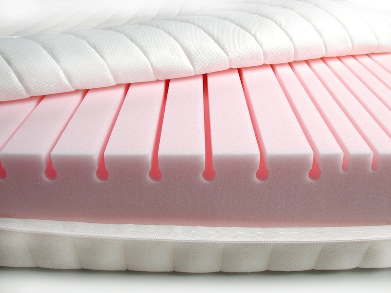 Detailaufnahme der Tojo Ergo Schaumstoffmatratze mit offenem Bezug, zeigt den atmungsaktiven, rosa Matratzenkern.