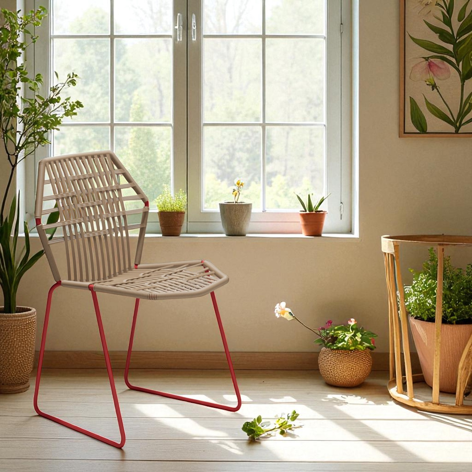 Tropicalia TR0 Stuhl von Moroso: Beigefarbener Indoor-Stuhl mit rotem Gestell vor einem Fenster.