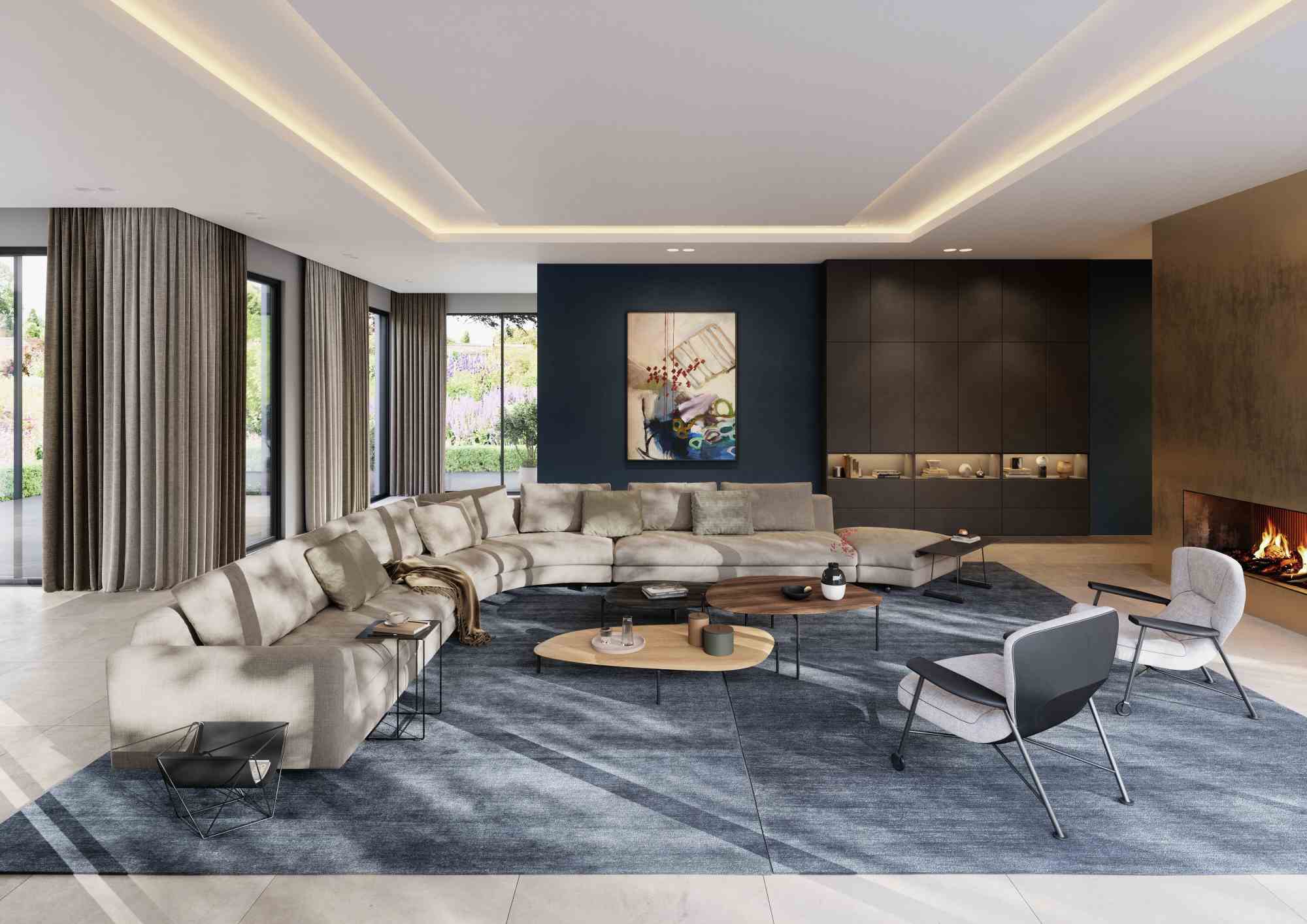 Heller Wohnraum mit großem Sofa und zwei Shinzo Lounge Chairs von Walter Knoll.