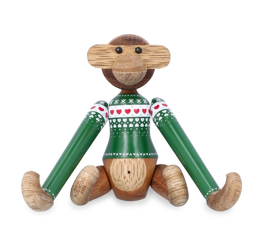 Kersttrui-aapje 2025, mini, groen, houten figuurtje van Kay Bojesen