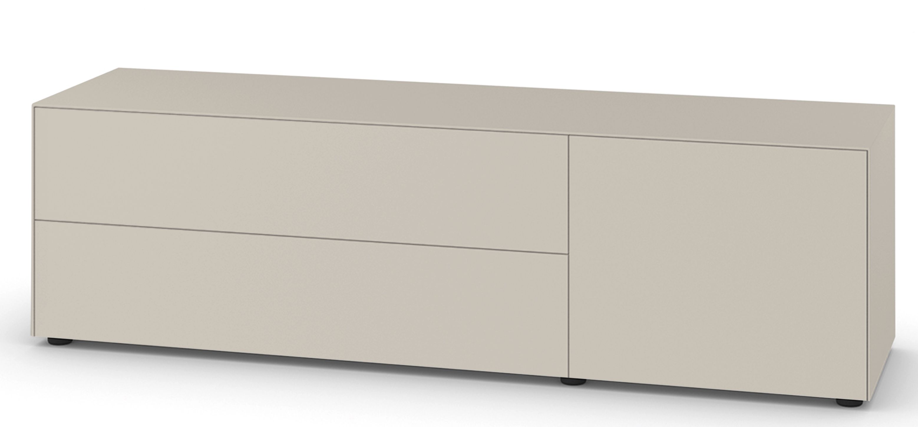 Piure Nex Pur Box Lowboard in Sandgrau mit Schublade und Tür für modernes Wohnzimmerdesign.