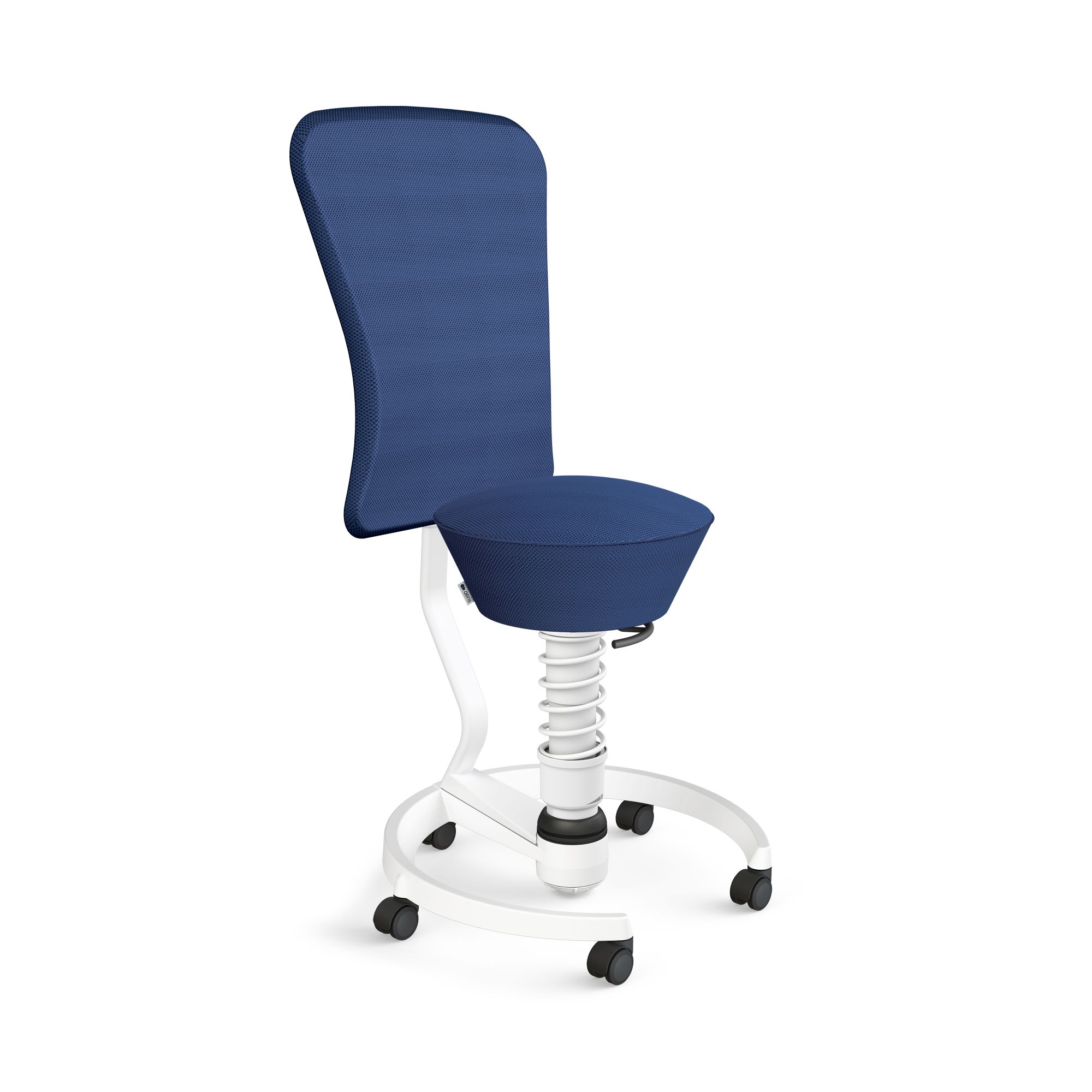Blauer Swopper Bürostuhl mit weißem Gestell und Rollen, ergonomischer Drehstuhl für dynamisches Sitzen.