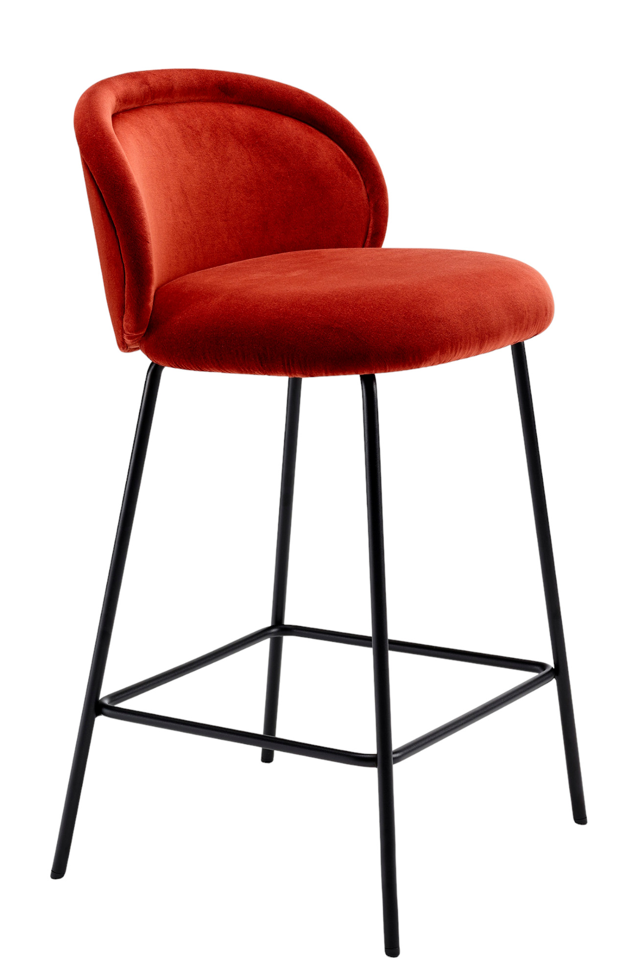 Ona Kitchenstool Barhocker von Freifrau Manufaktur, roter Samtbezug und schwarzes Metallgestell. Moderner Barstuhl für Küche oder Bar.
