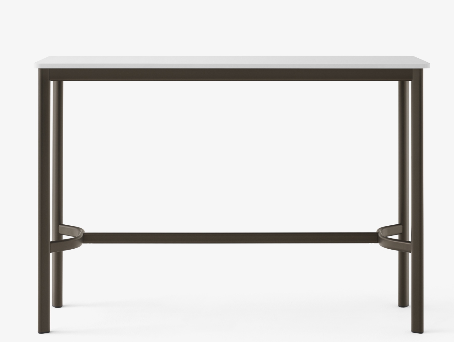 AndTradition Drip High Table Stehtisch mit weißer Tischplatte und dunkelbraunem Metallgestell, modernes Design für Büro und Zuhause.