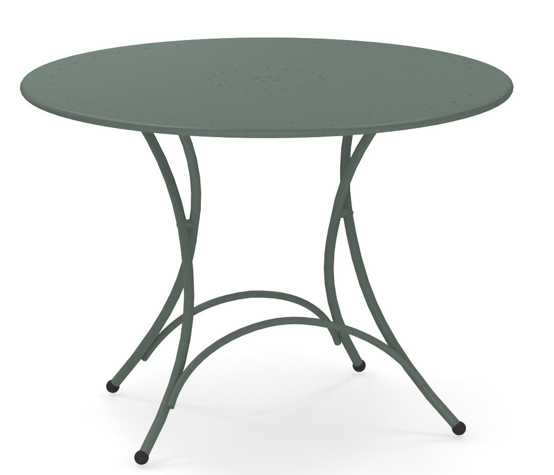 Pigalle Klapptisch Outdoor von Emu, runder Gartentisch aus Metall in Salbeigrün, Detailansicht.