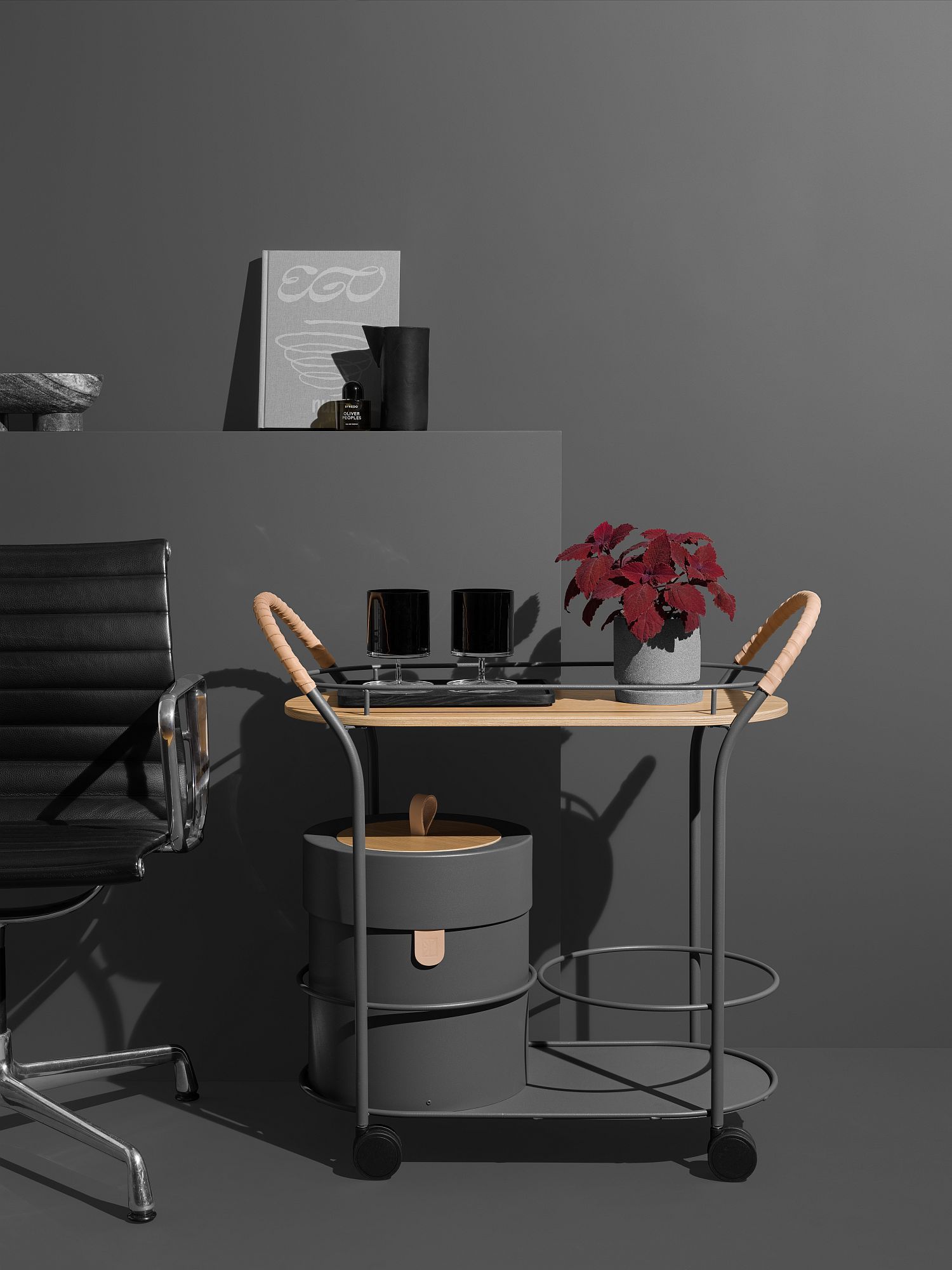 Mizetto Servierwagen im Bistro-Stil mit Getränken und Pflanze, ideal für Büro oder Zuhause.