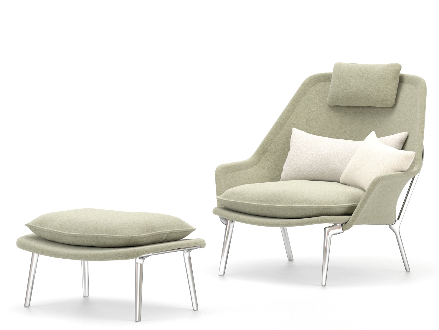 Vitra Slow Chair Sessel mit Ottoman in grünem Stoff und Kissen auf weißem Hintergrund.