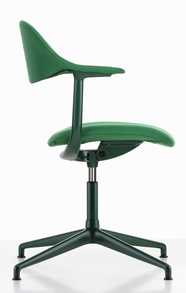 Grüner Mynt Bürodrehstuhl von Vitra mit Armlehnen, Stoffbezug und fünfarmigem Fußkreuz im modernen Design.