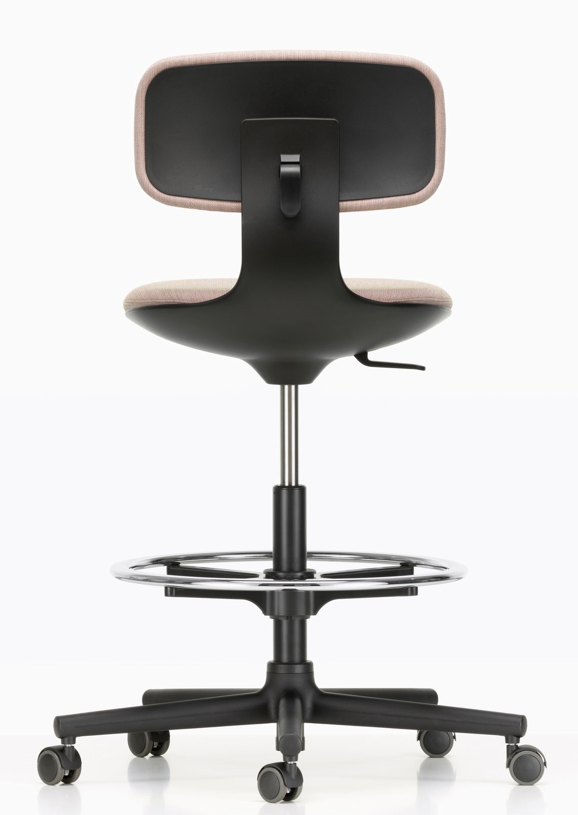 Rückansicht des Vitra Rookie High Bürodrehstuhls mit Fußstütze, Rollen und höhenverstellbarer Sitzfläche.