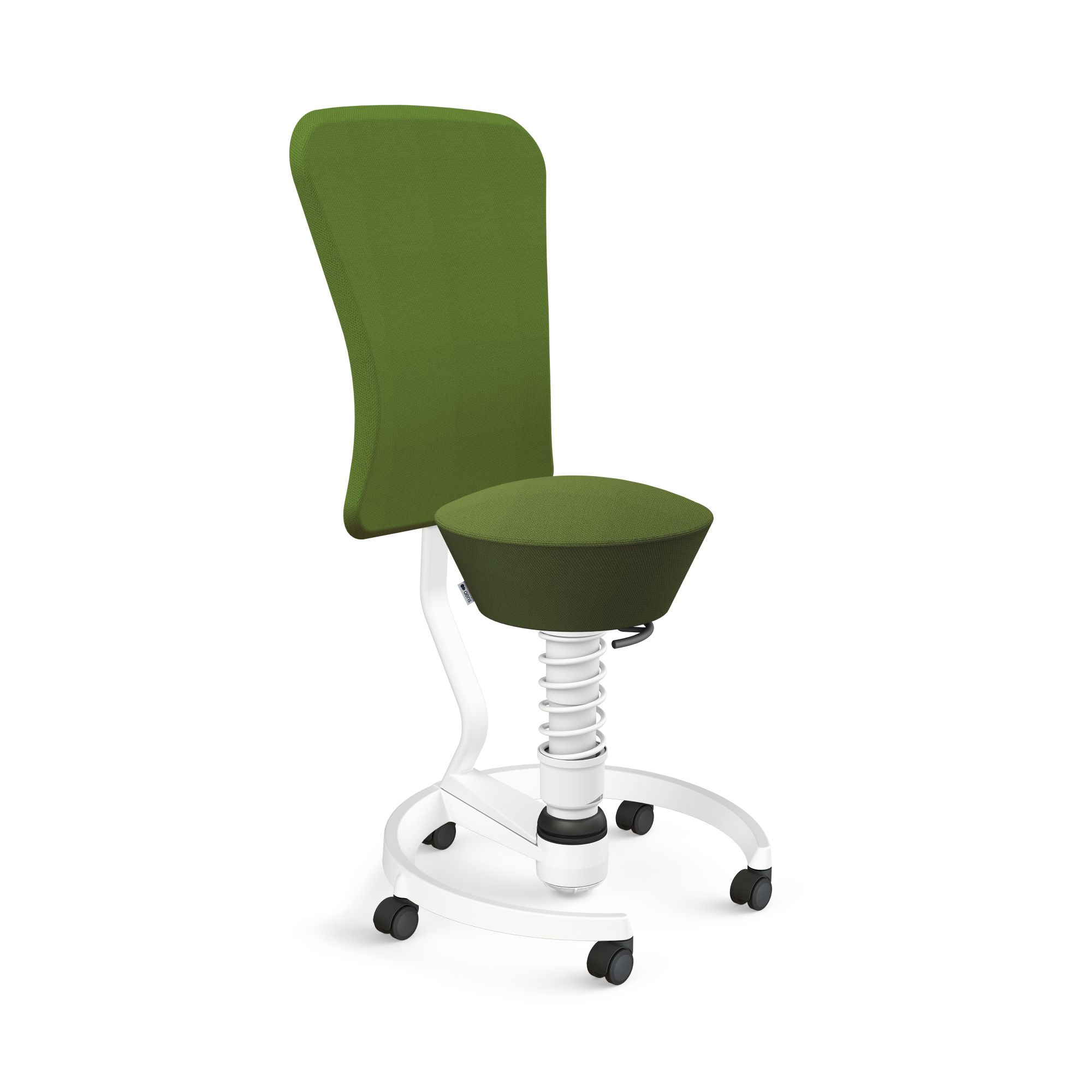 Grüner Bürostuhl mit Rückenlehne, ergonomisch, höhenverstellbar und Rollen, ideal für gesundes Sitzen im Büro.