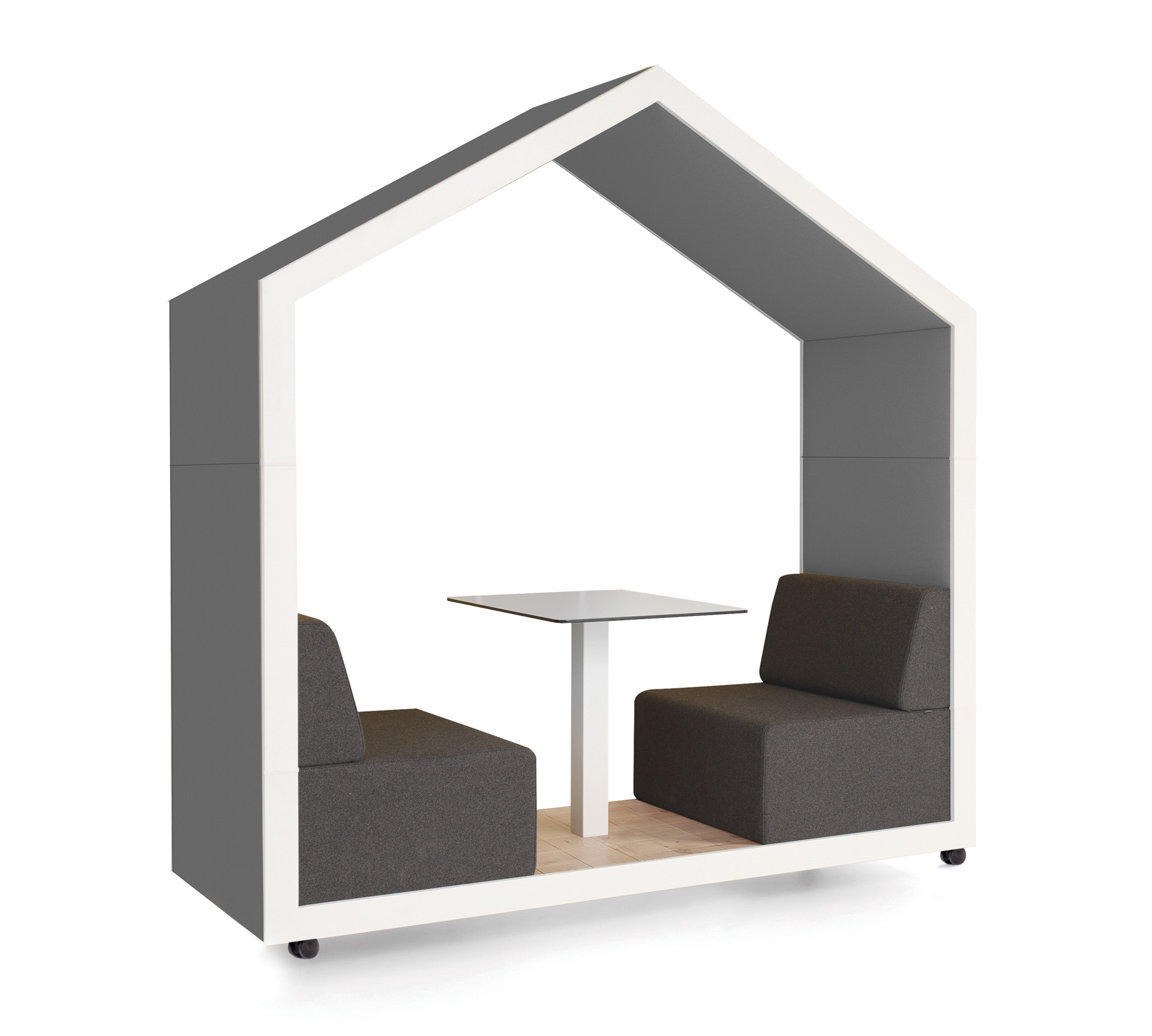 treehouse TH 2 Akustikmöbel von Bejot für zwei Personen mit Tisch und grauen Sitzen.