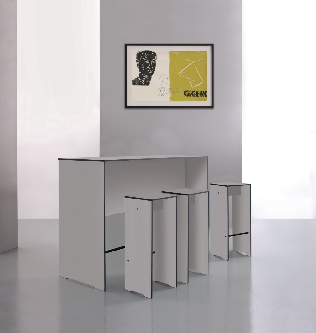 Riva Barhocker von Conmoto, ein minimalistisches Design für den Außenbereich, weiße Barhocker mit Bartisch.