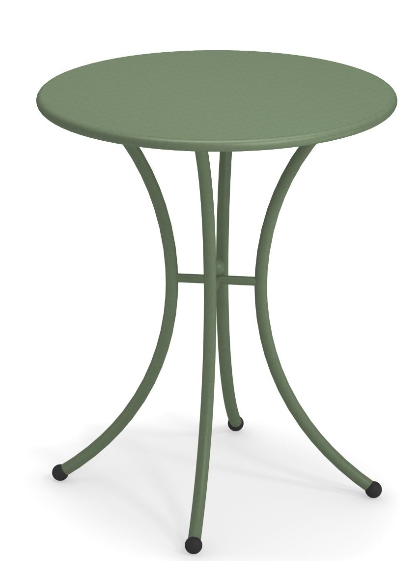 Pigalle Tisch rund Outdoor Emu, grüner Gartentisch aus Metall mit drei Beinen für den Außenbereich.