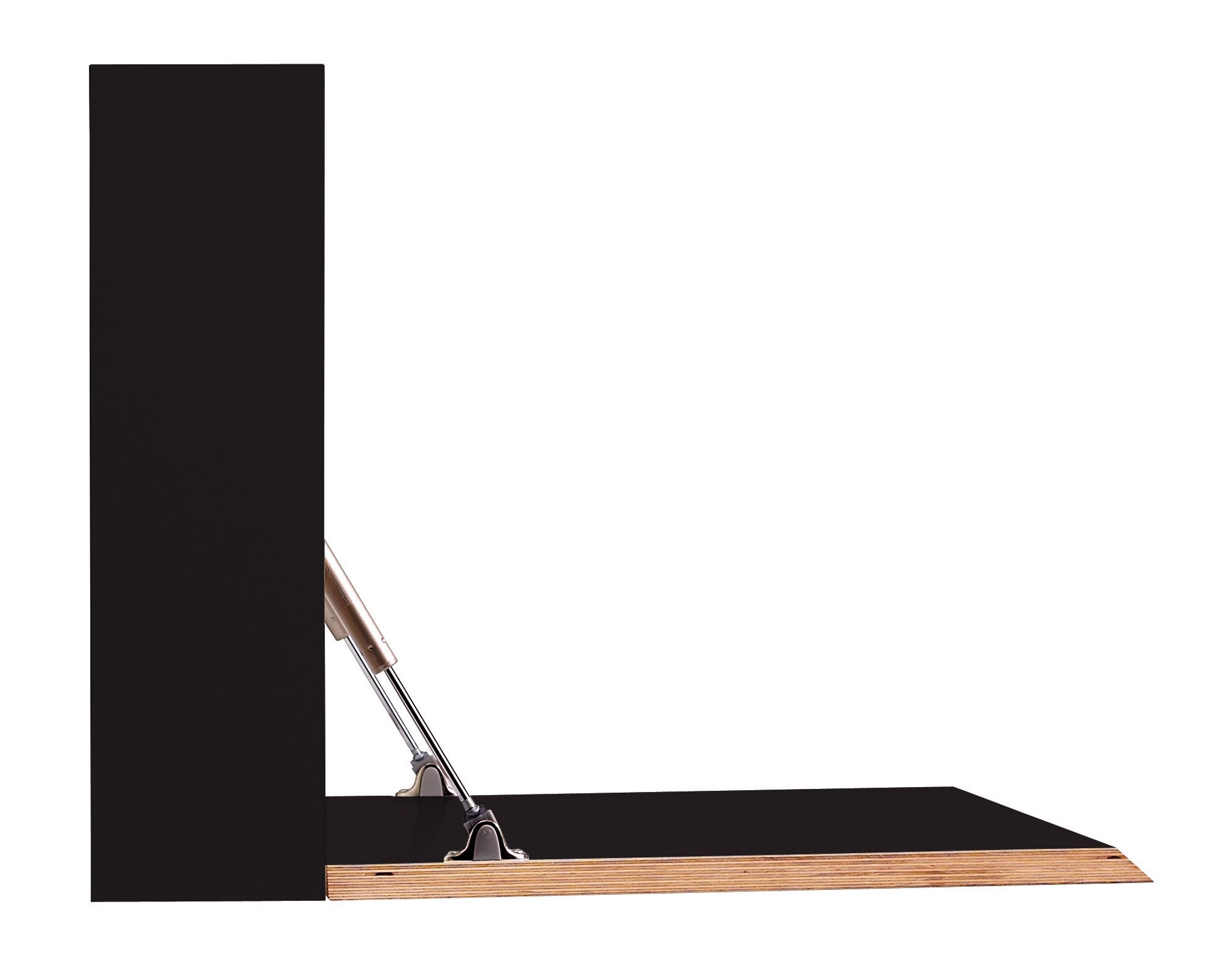 Detailaufnahme des geöffneten Flatbox Sekretärs von Müller Möbelwerkstätten, der eine platzsparende Arbeitsfläche bietet.