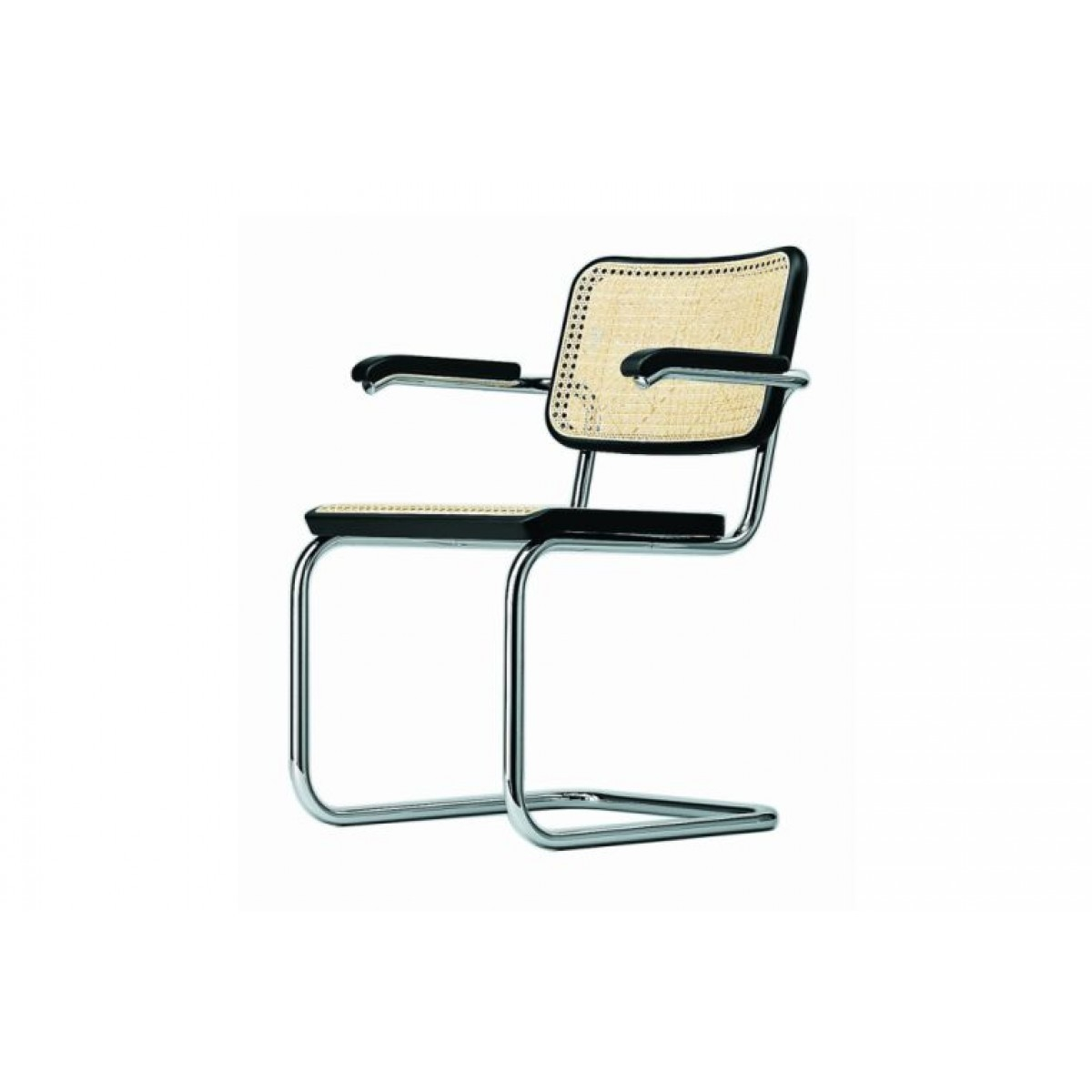 S 64 V Thonet Freischwinger Stuhl mit Stahlrohrgestell in Chrom und schwarzem Rahmen. Sitzfläche und Rückenlehne aus Wiener Geflecht.